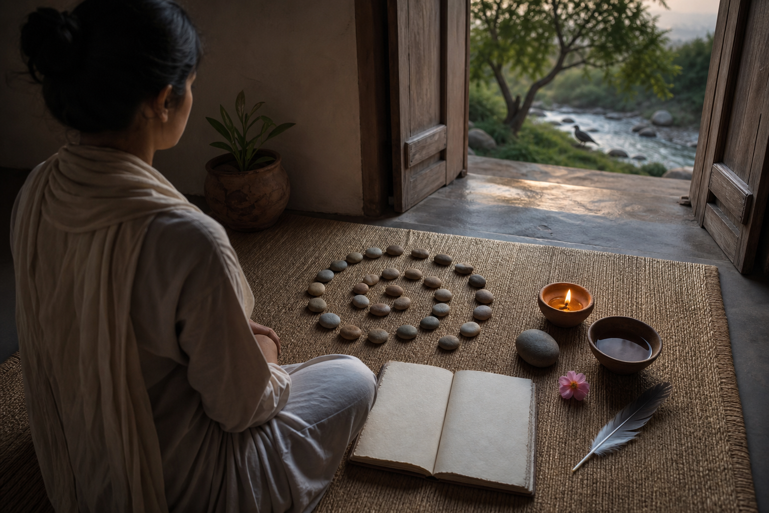 A practitioner sits beside a blank journal, an oil lamp, natural objects, and twenty-four pebbles arranged for daily reflection.