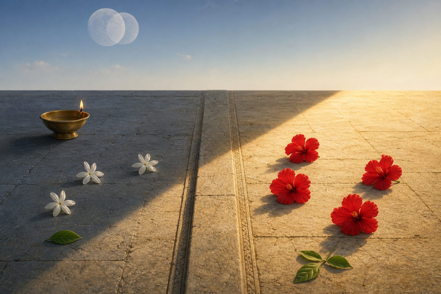 Morning sunlight crosses a stone threshold between three white flowers and four red flowers, with two faint overlapping moon disks above.