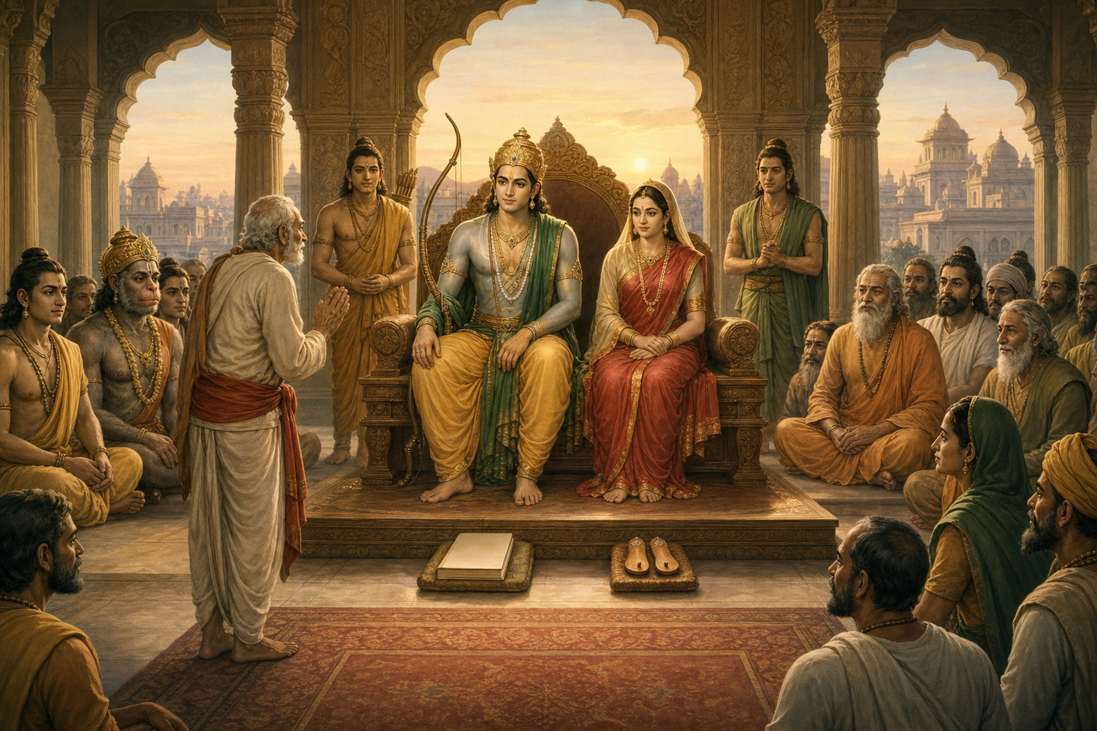 Sri Rama listens to a petitioner in a balanced royal assembly while Sita, Lakshmana, Hanuman, sages and citizens look on.