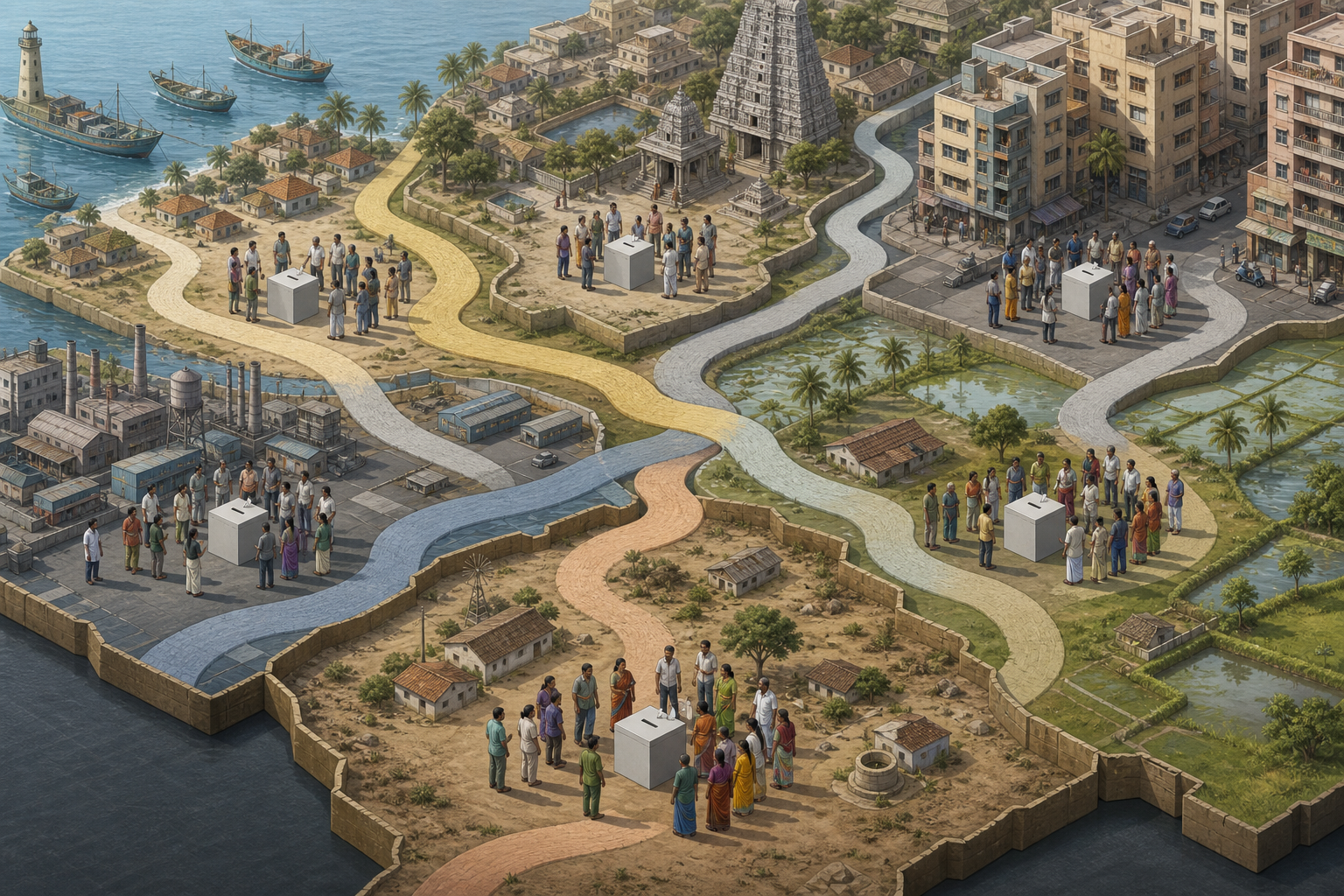 An illustrated Tamil Nadu landscape is divided into varied urban, rural, coastal and industrial constituencies with local voters and ballot boxes.