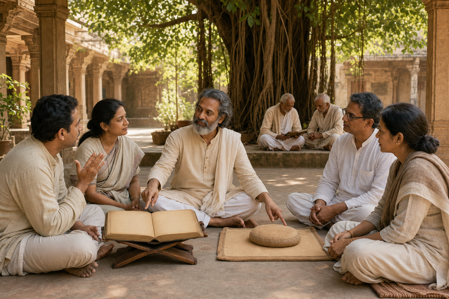 A spiritual teacher listens to seekers beside a blank palm-leaf manuscript and a meditation seat in an open ashram courtyard.