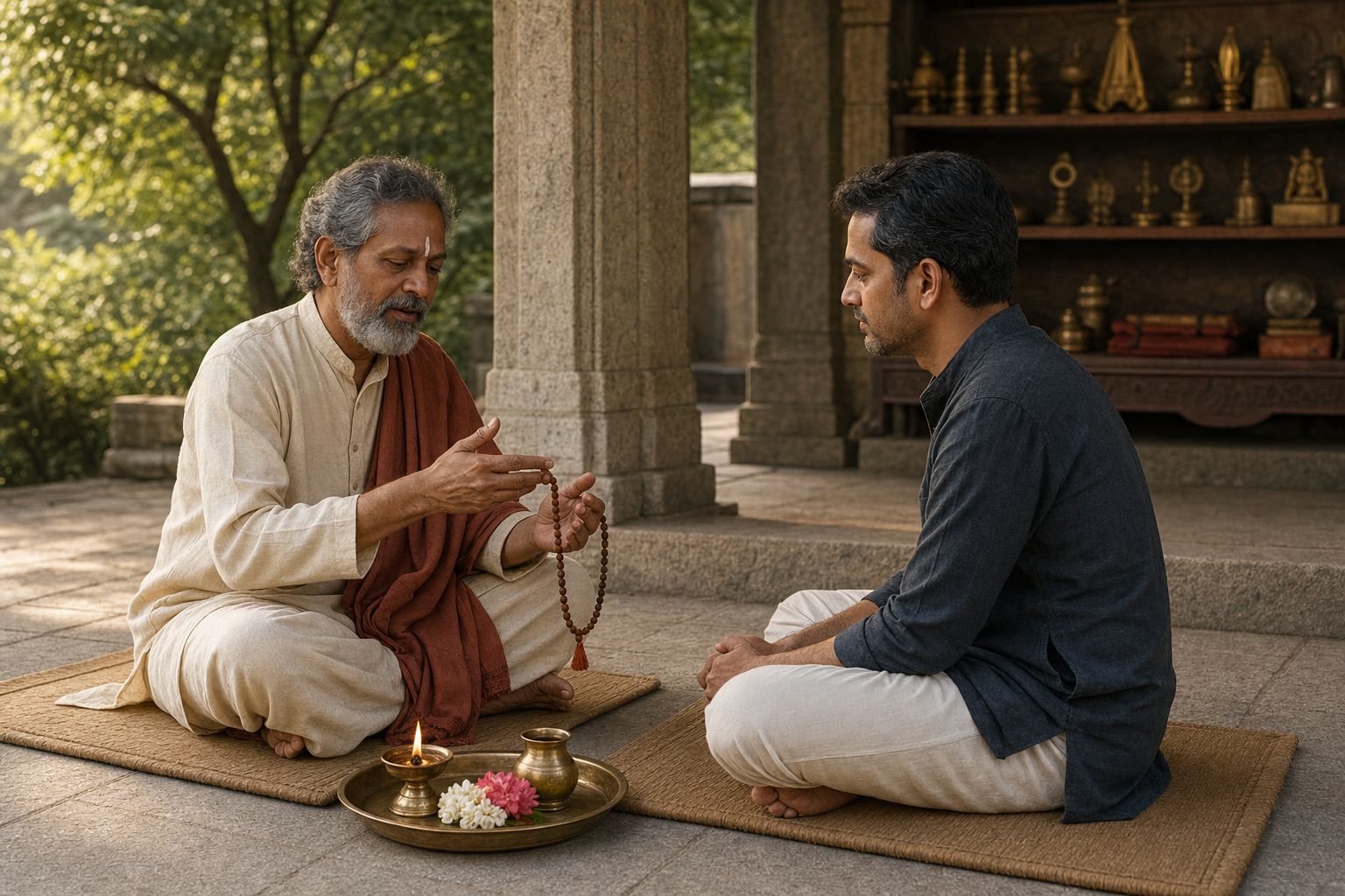 A teacher shows an adult practitioner how to use prayer beads beside a lamp, flowers, and a water vessel in a quiet courtyard.