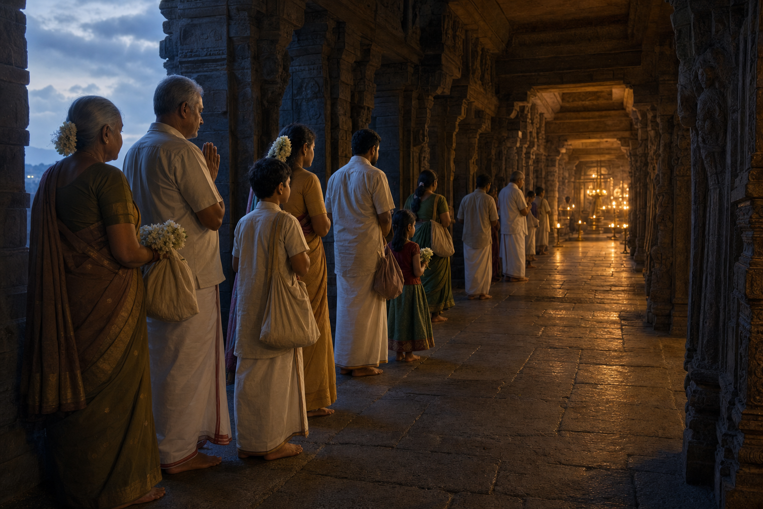Barefoot pilgrims wait quietly in a Tirumala temple corridor with folded hands, flowers and simple cloth bags.