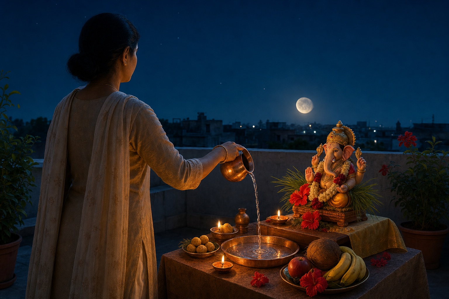 A devotee offers water beside a Ganesha altar on a terrace as a gibbous moon rises above the nighttime horizon.