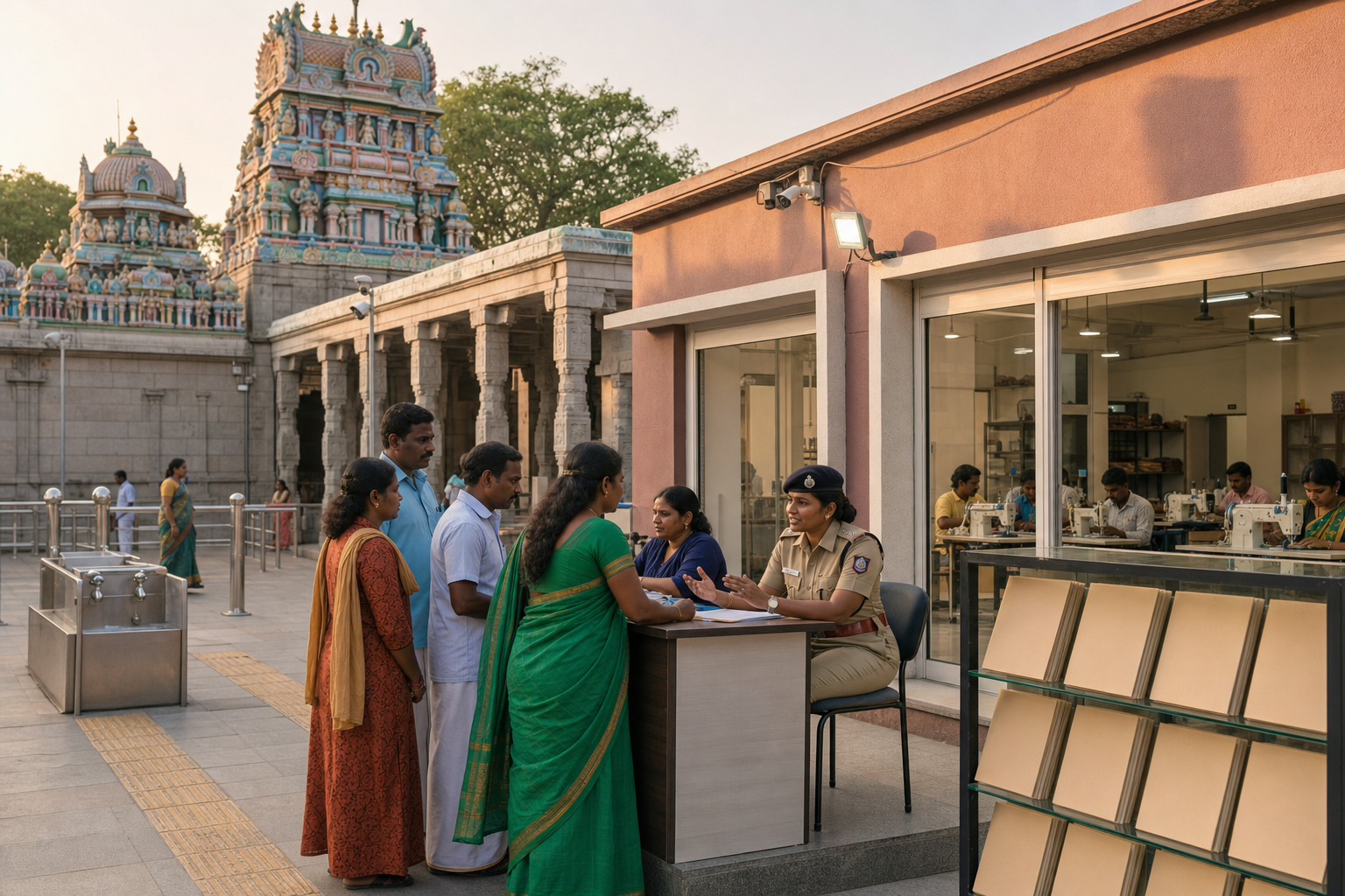 Tamil Nadu residents speak with administrators and a police officer in a well-maintained temple courtyard with civic facilities nearby.