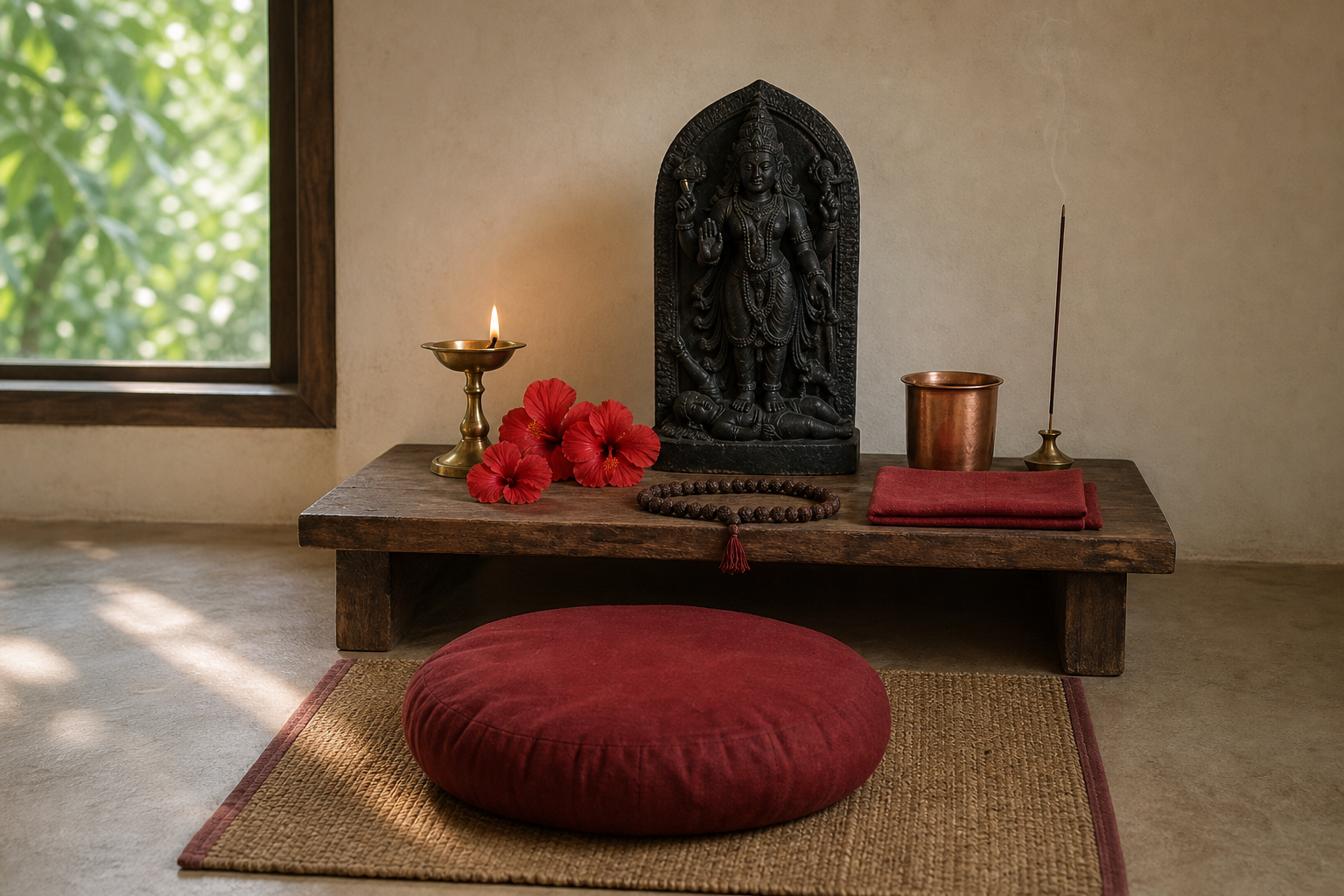 A simple home Kali altar holds an oil lamp, water cup, red hibiscus flowers, incense, prayer beads, and a folded cloth beside a meditation cushion.