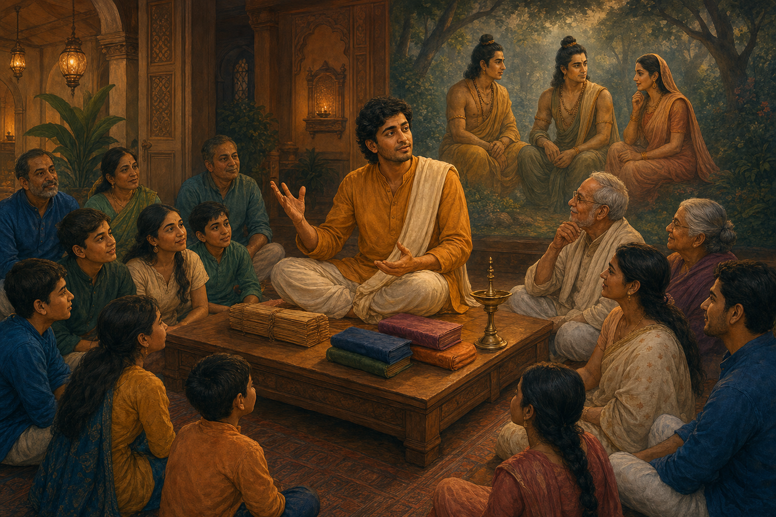 A storyteller addresses a multigenerational audience beside cloth-wrapped books and a palm-leaf manuscript, with a softly imagined forest scene behind them.