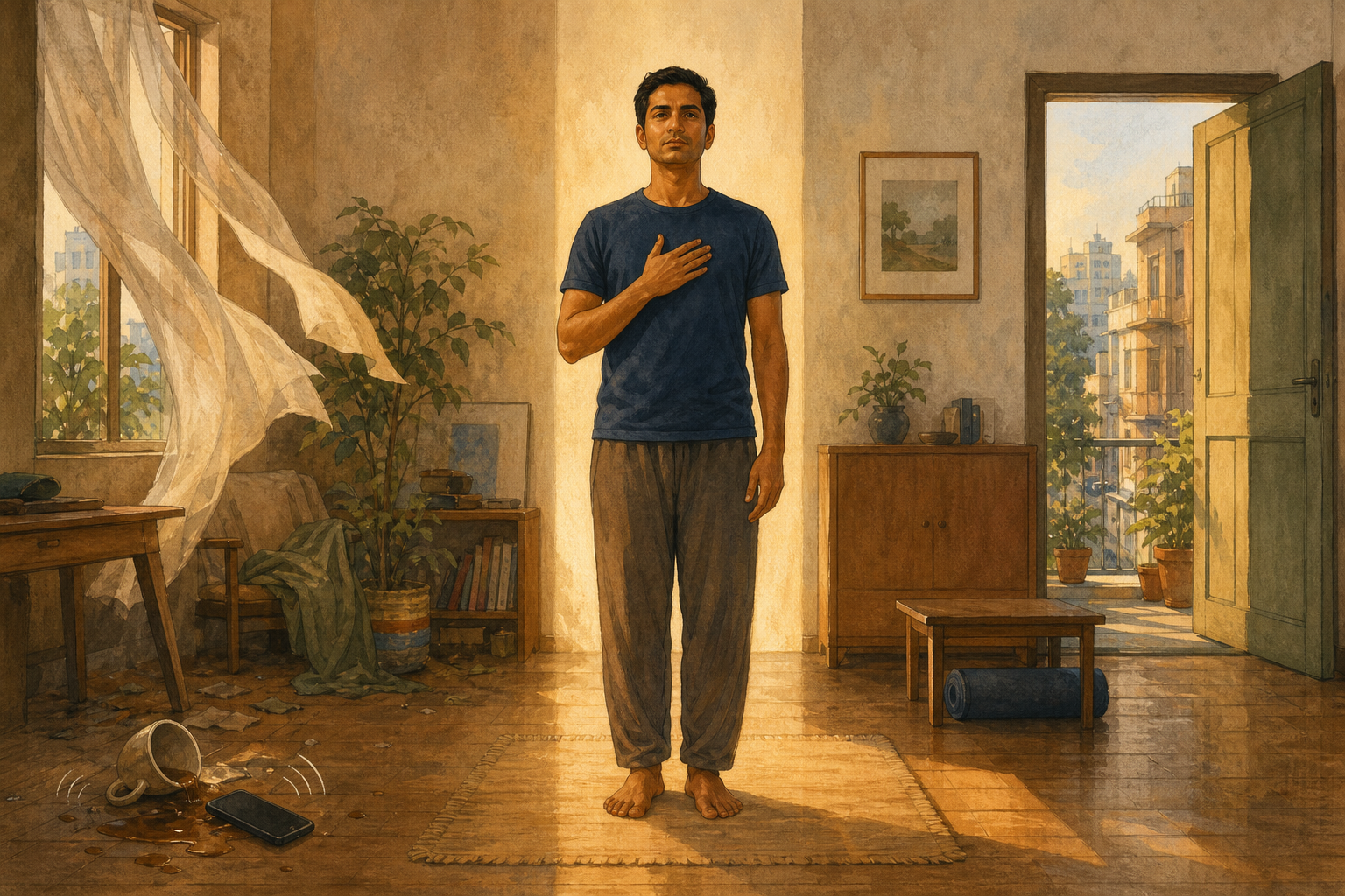 A person stands steadily in a sunlit room between an overturned cup and phone on one side and an open doorway on the other.
