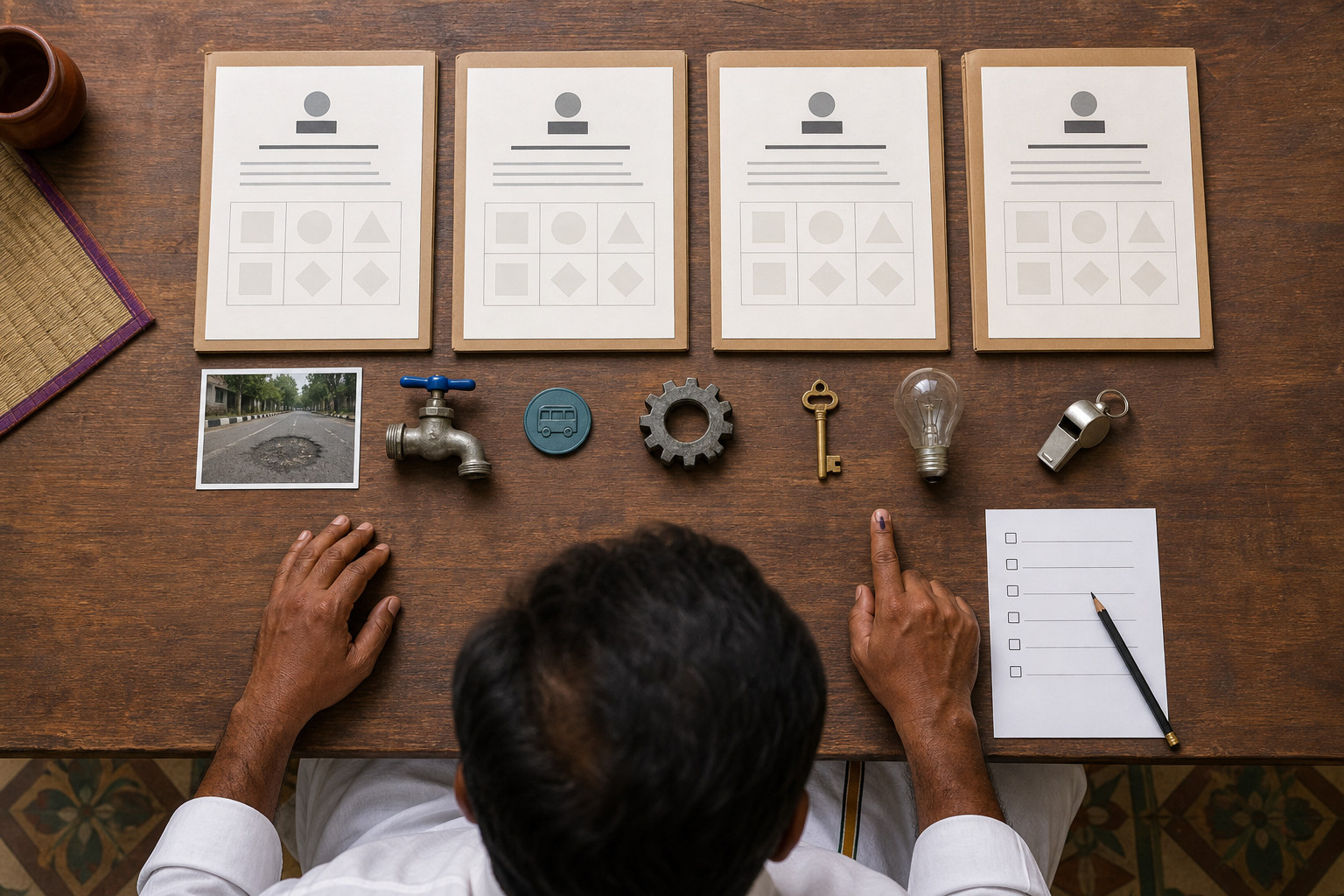 A voter compares four anonymous candidate folders beside objects representing roads, water, transport, employment, temple administration and public safety.