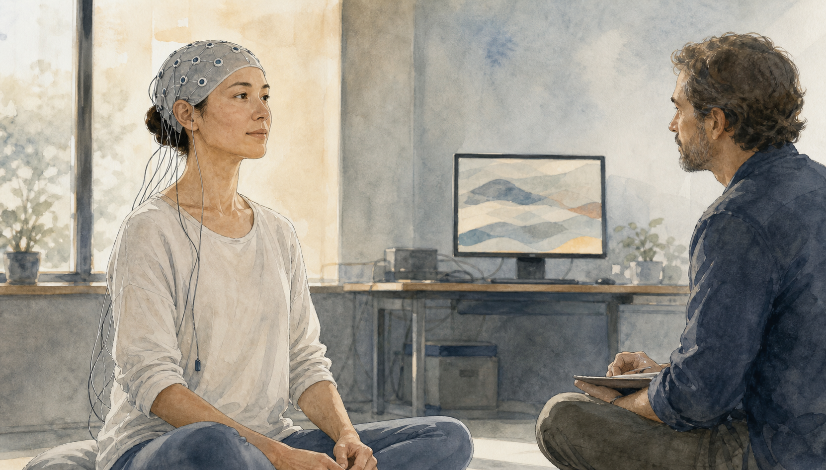 A seated practitioner wearing an EEG cap is observed by a researcher in a softly lit laboratory.