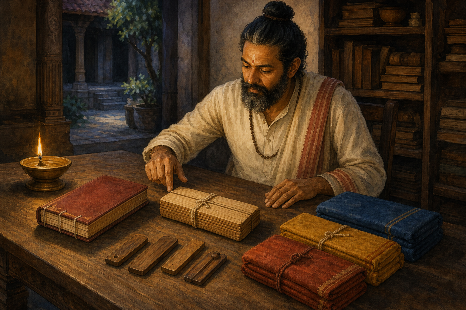 A scholar compares a closed book, a tied palm-leaf manuscript, and several cloth-wrapped volumes at a lamplit study table.