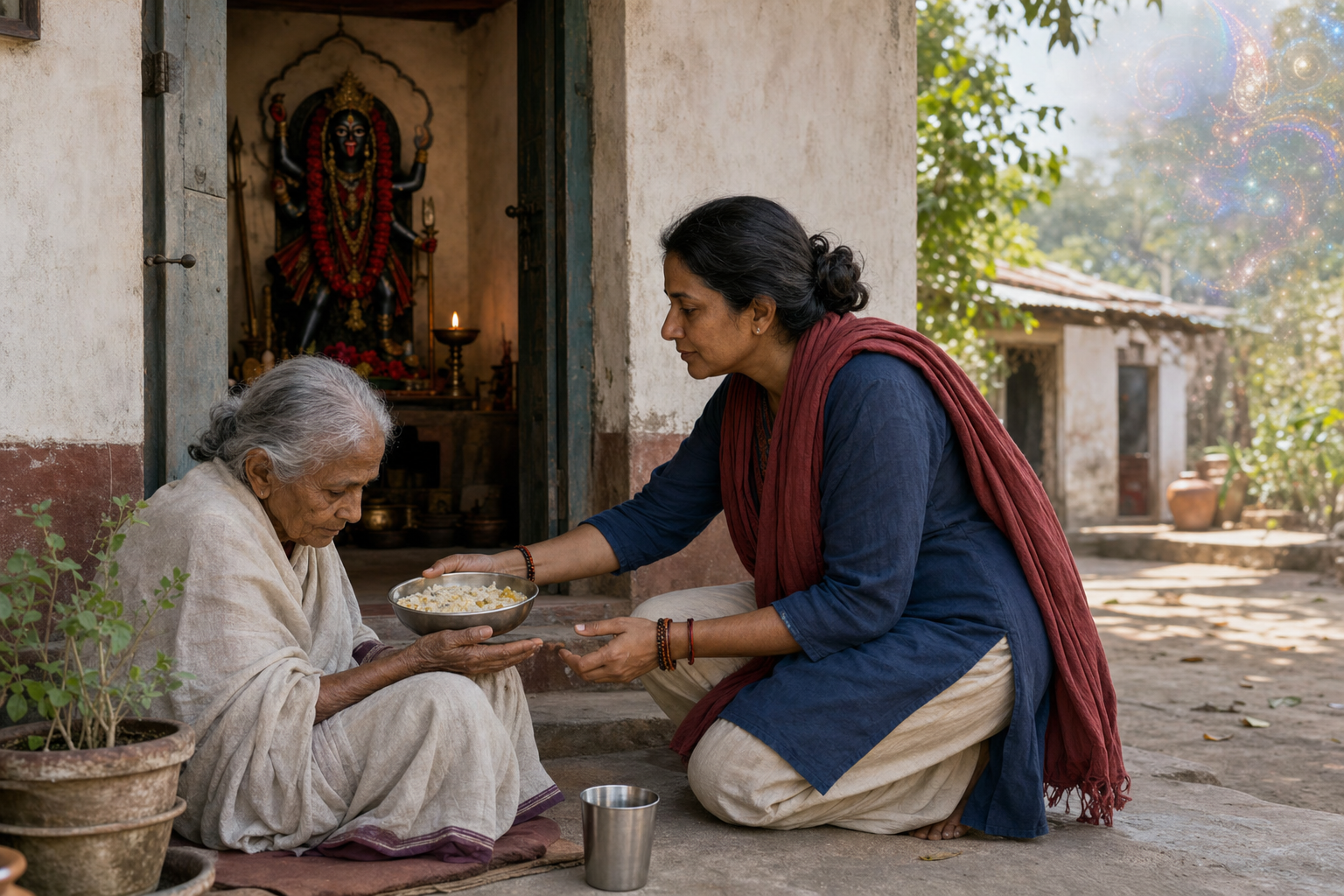 A practitioner offers food and support to an elderly person in a courtyard while a lamp glows at a small shrine in the background.