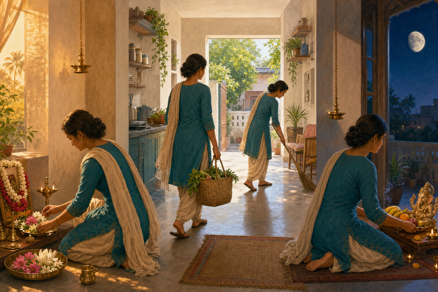 Three connected scenes show a person preparing a prayer space at dawn, doing Sunday tasks by day and returning for evening worship near moonrise.