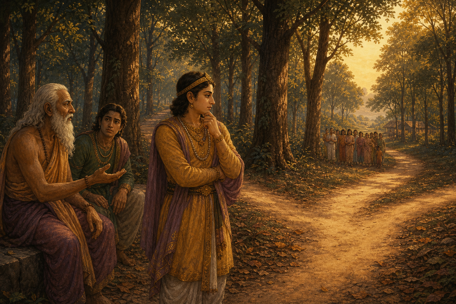 A royal figure pauses at a fork in a forest path while an elder offers counsel and villagers wait in the distance.