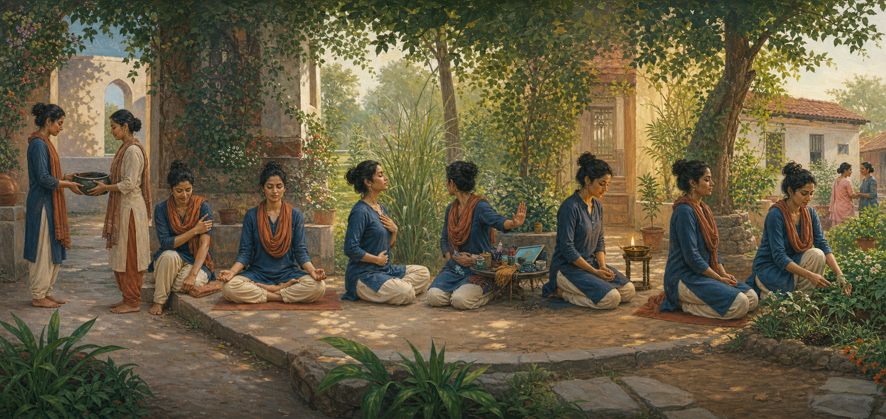 Eight connected garden scenes show the same practitioner moving from ethical action and self-care through posture, breathing, concentration, meditation, and calm engagement.