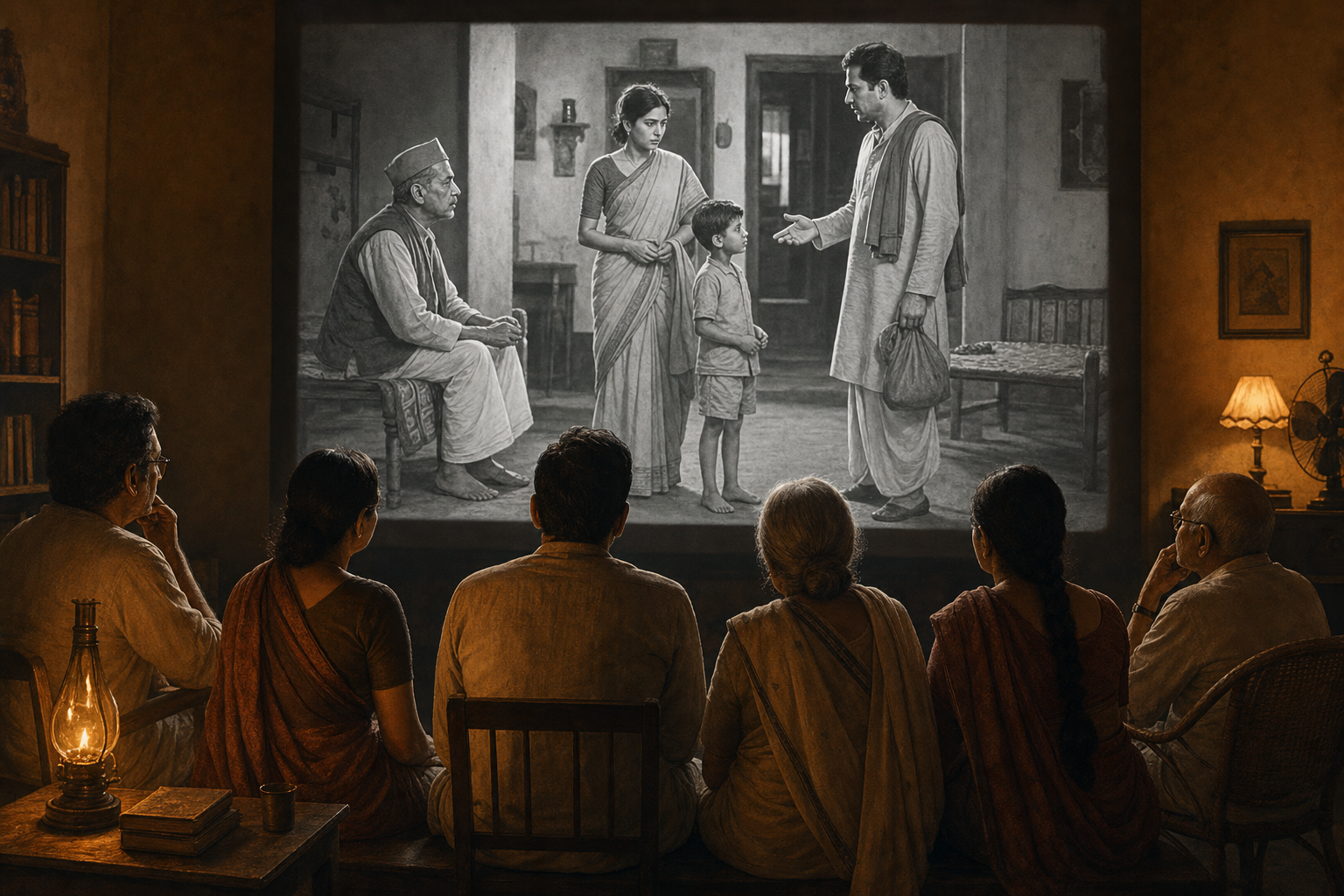 A multigenerational group watches a black-and-white family drama projected on a screen in a warmly lit room.