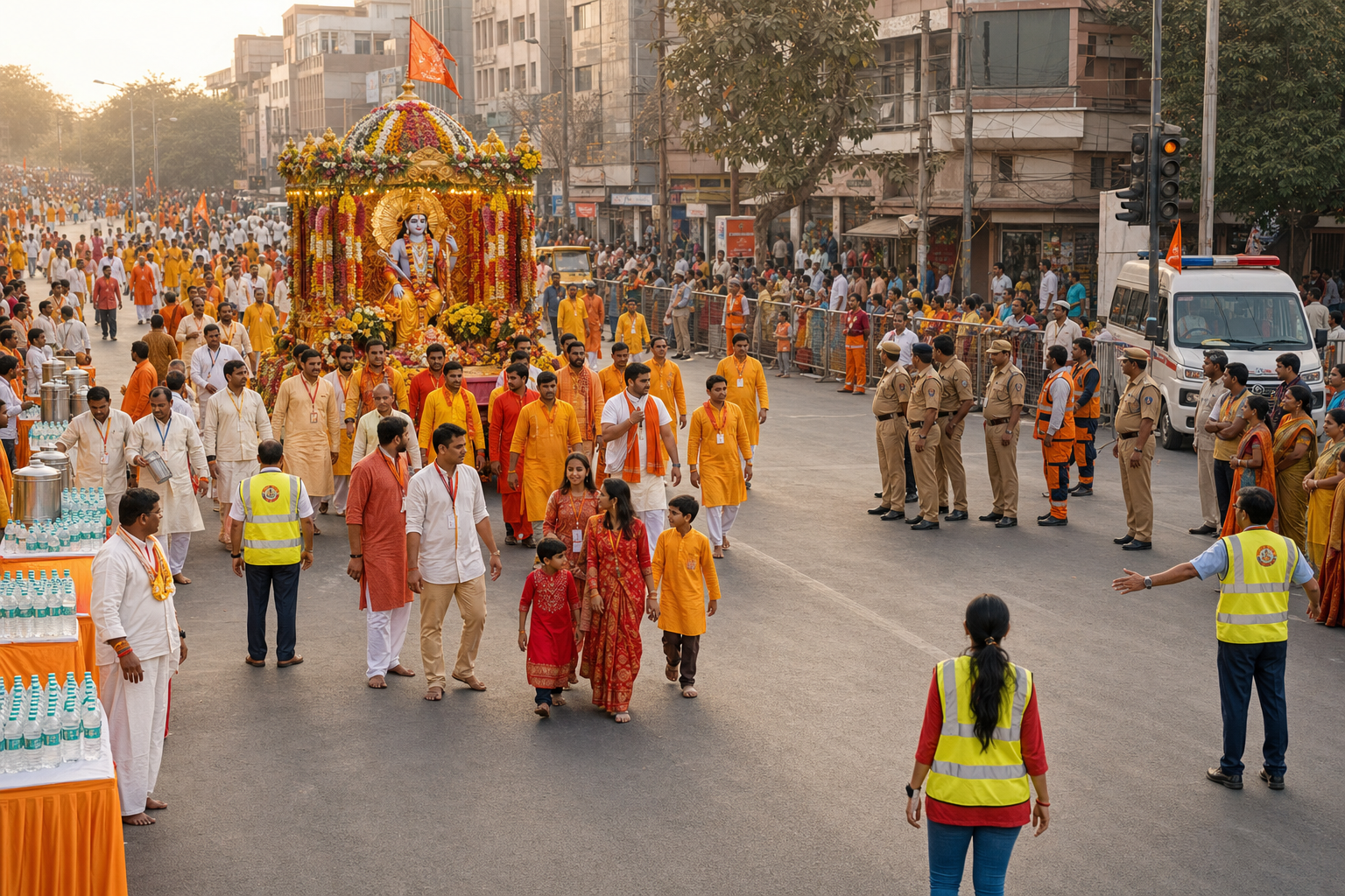 A peaceful Ram Navami procession moves along a city street while volunteer marshals and police maintain clear lanes and safe crowd spacing.
