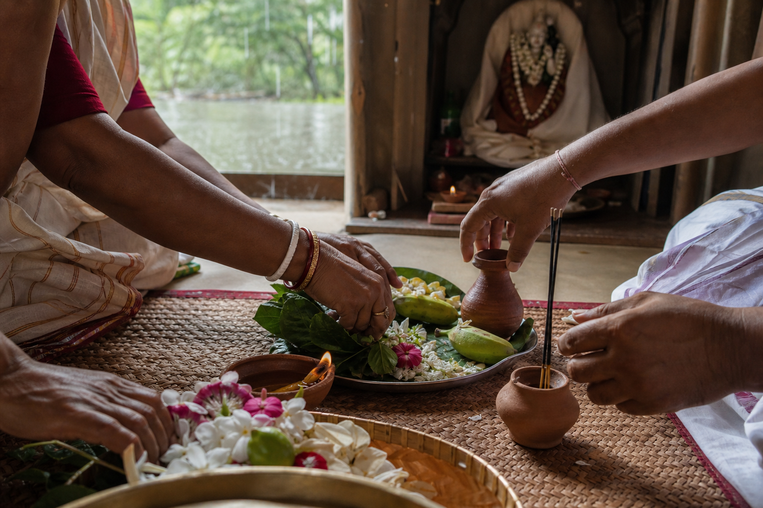 Family members arrange flowers, leaves, fruit, a clay lamp and ritual vessels for a household puja.