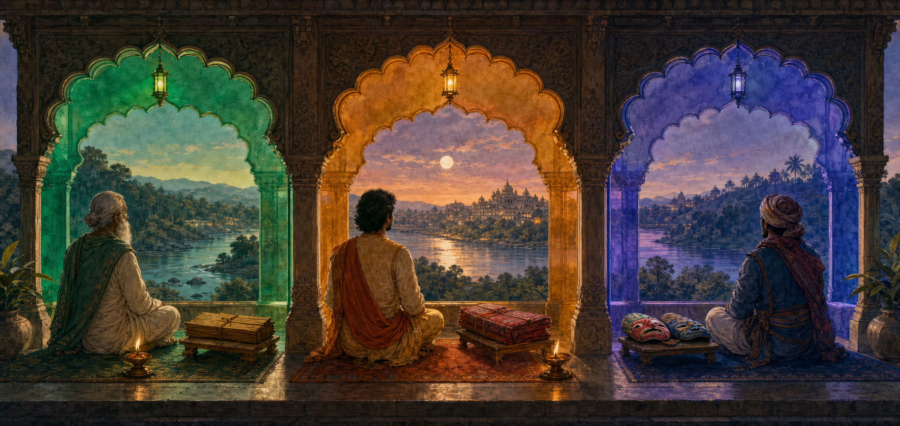 Three storytellers sit in separate pavilions and view the same river, forest, and palace through differently colored lenses.