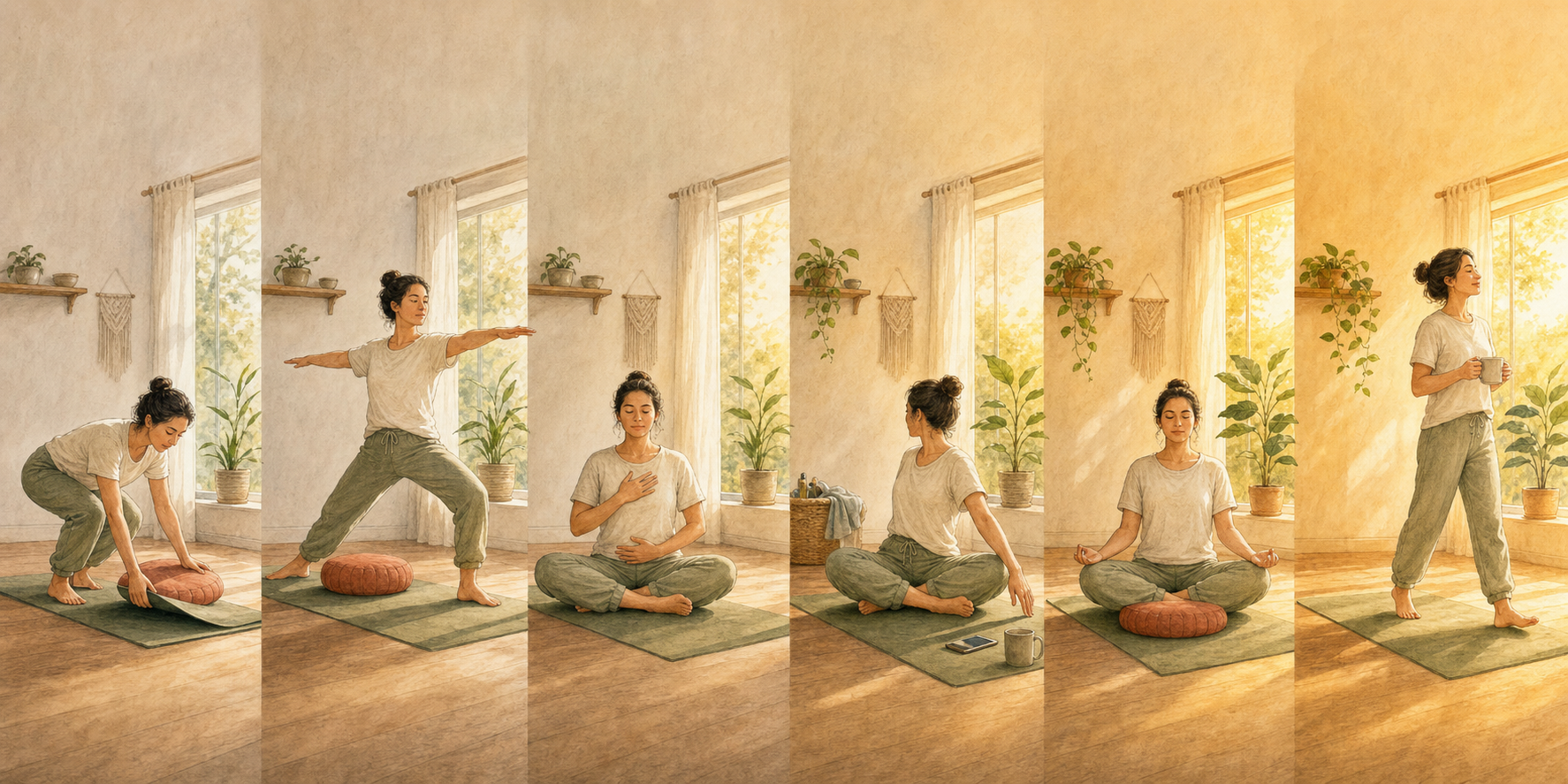 Six scenes show the same person gradually developing an accessible home practice of movement, breathing, and meditation.