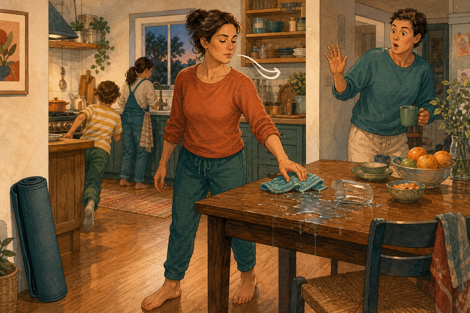 A person pauses calmly before reaching for a cloth after water spills during a busy moment in a family kitchen.