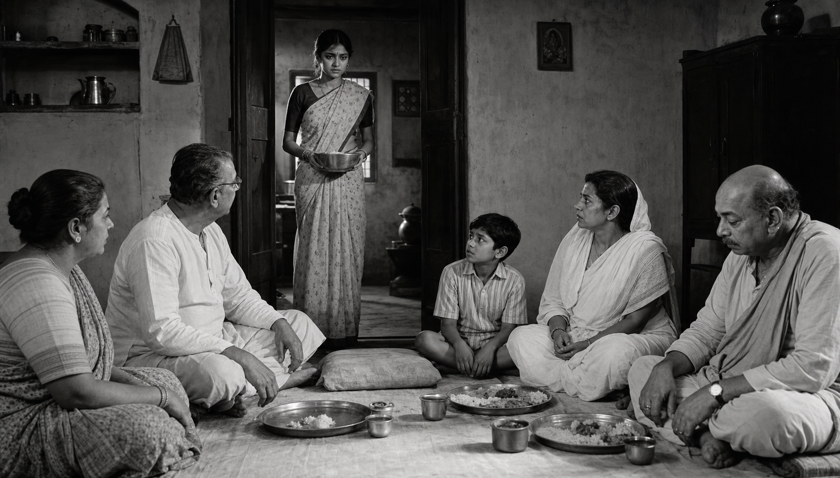 In a black-and-white period drama, a young woman holding a bowl stands in a doorway as seated relatives and a child watch her.