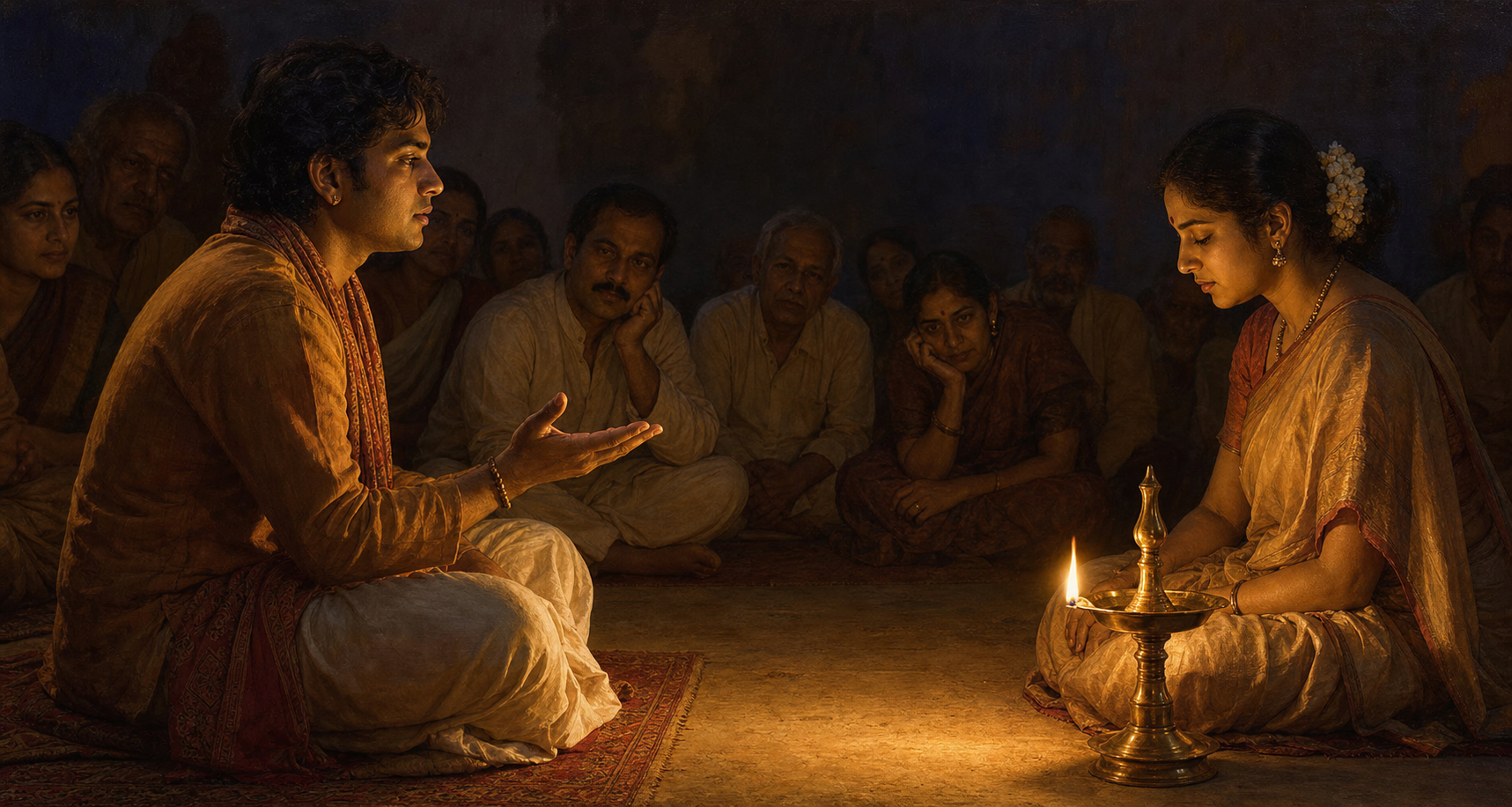 A seated performer pauses with one hand raised while another performer and the audience listen in attentive silence.