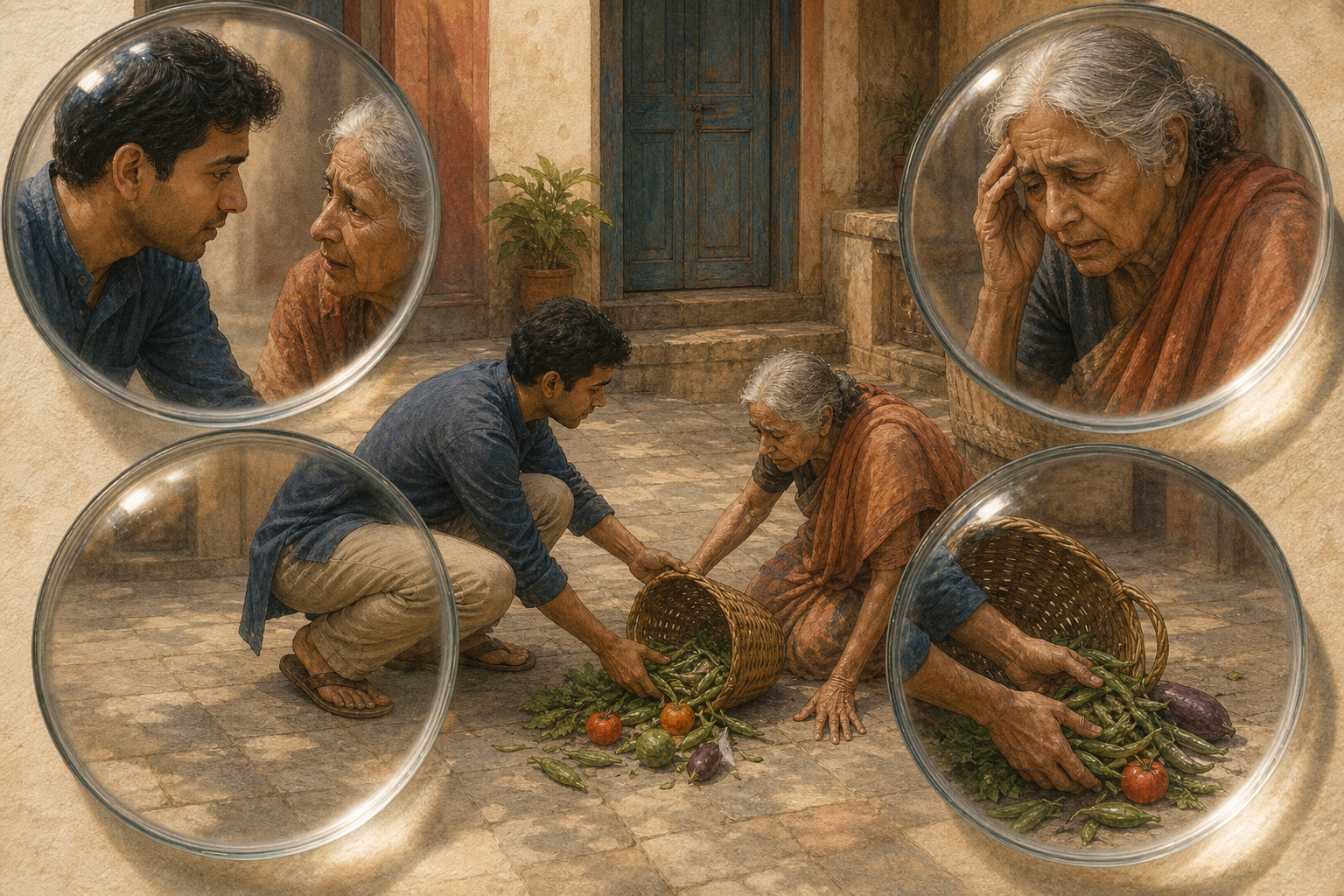 Four overlapping optical lenses emphasize different details as one person helps an older adult gather a fallen market basket.