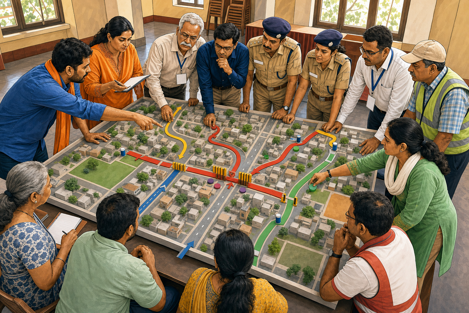 Organisers, police, municipal staff, and a medical coordinator examine a tabletop route model showing bottlenecks, exits, and emergency access.
