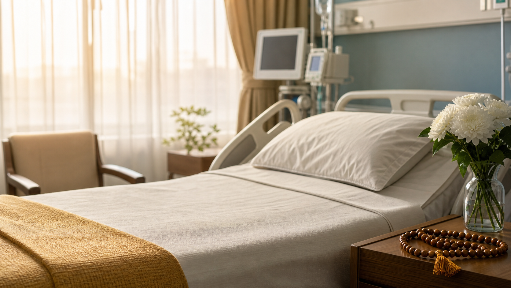Sunlit hospital room with an empty bed, wooden prayer beads, white flowers, a visitor chair, and medical equipment in the background.