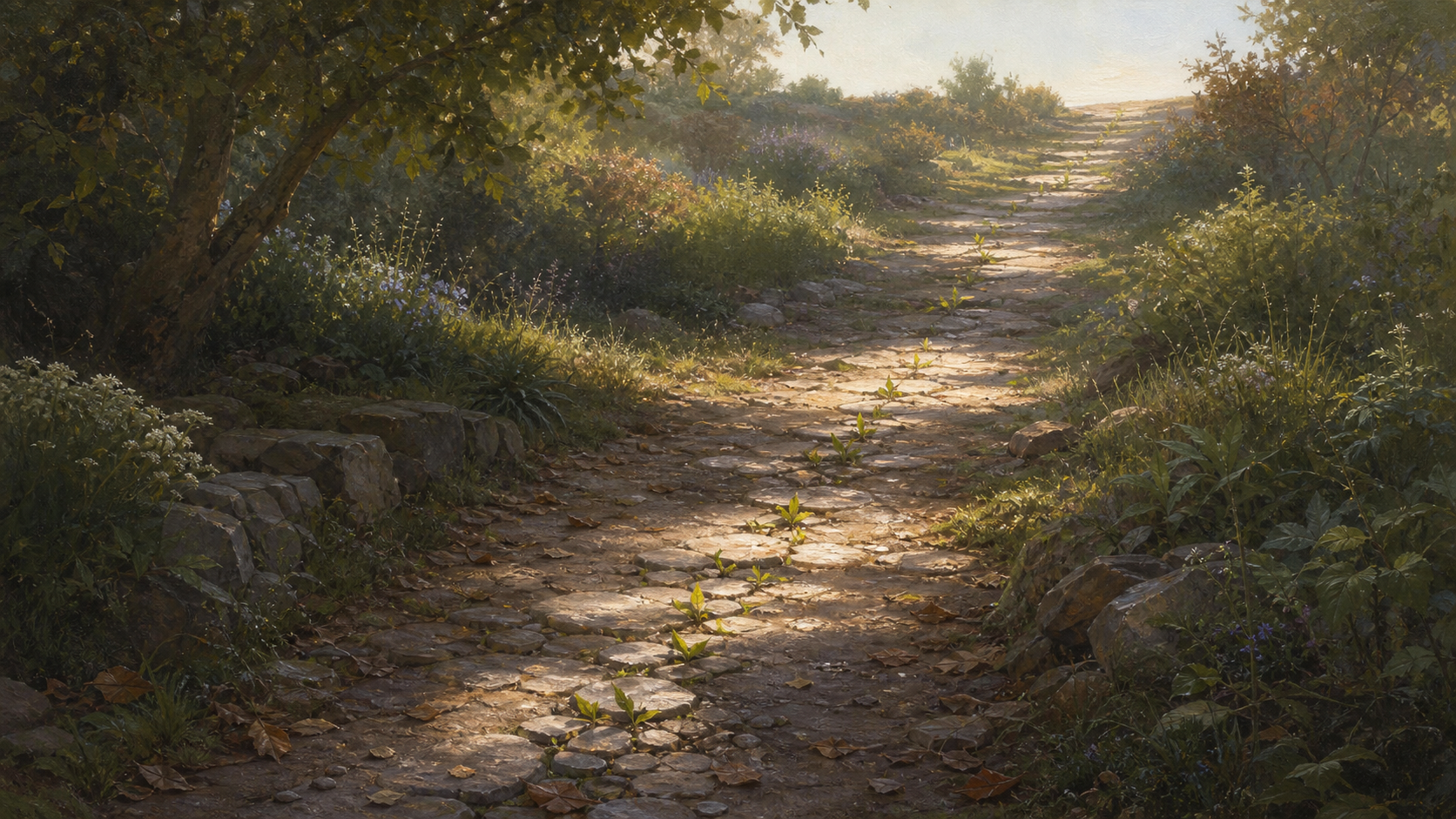 A gently rising garden path crosses patches of shadow and sunlight toward a bright horizon, with new leaves and a few uneven stones along the way.