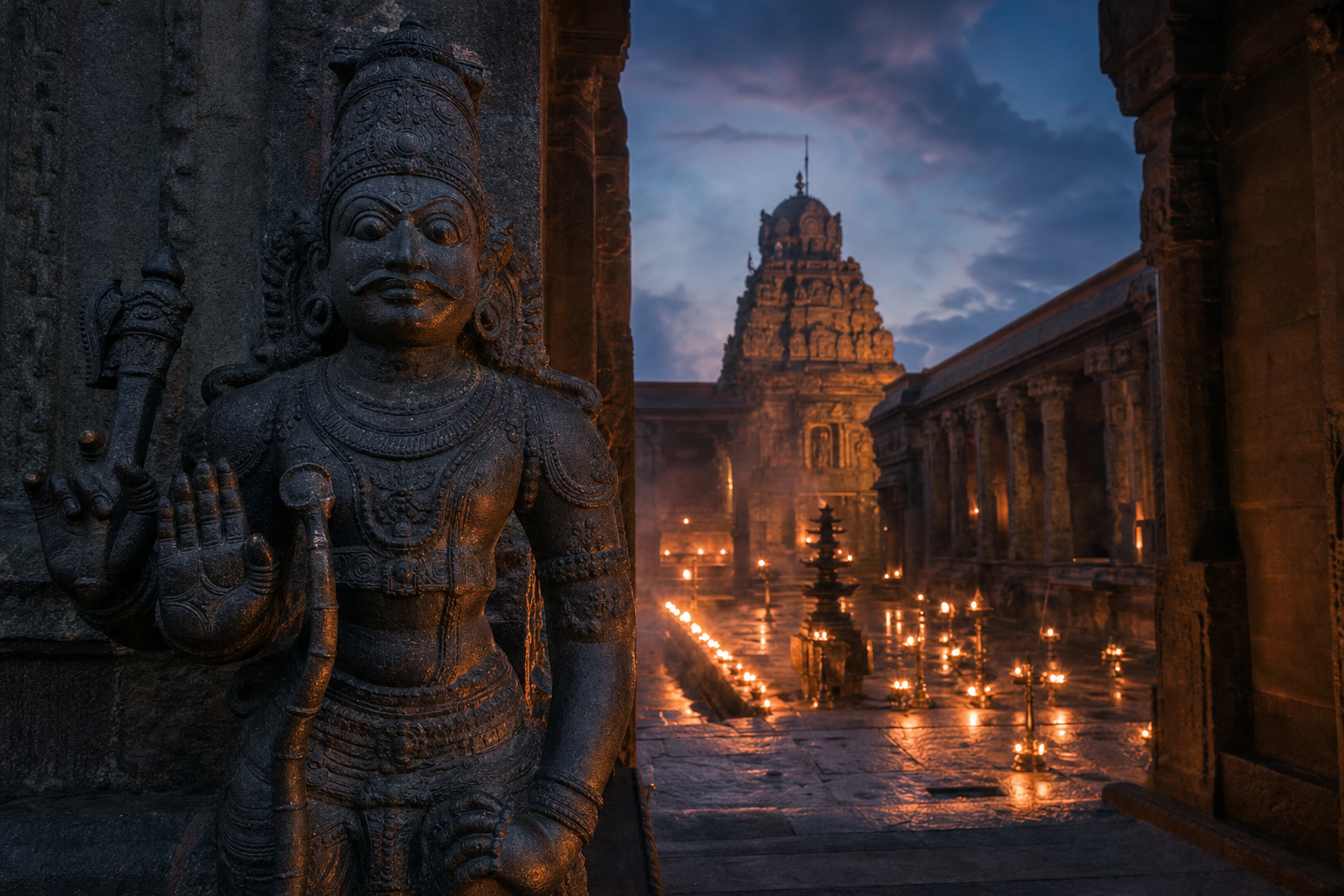 A fierce granite guardian sculpture stands beside the lamp-lit threshold of a South Indian temple at twilight.