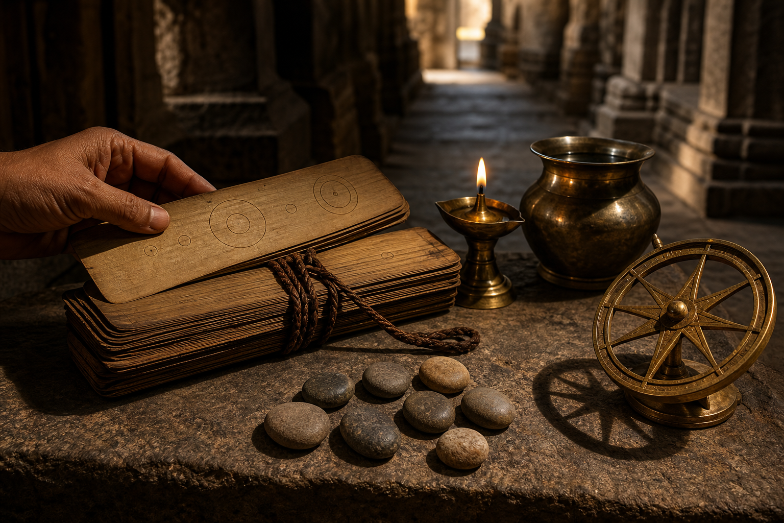 A palm-leaf manuscript bundle, oil lamp, seven stones, water vessel and brass astronomical instrument rest on a stone surface in a temple corridor.
