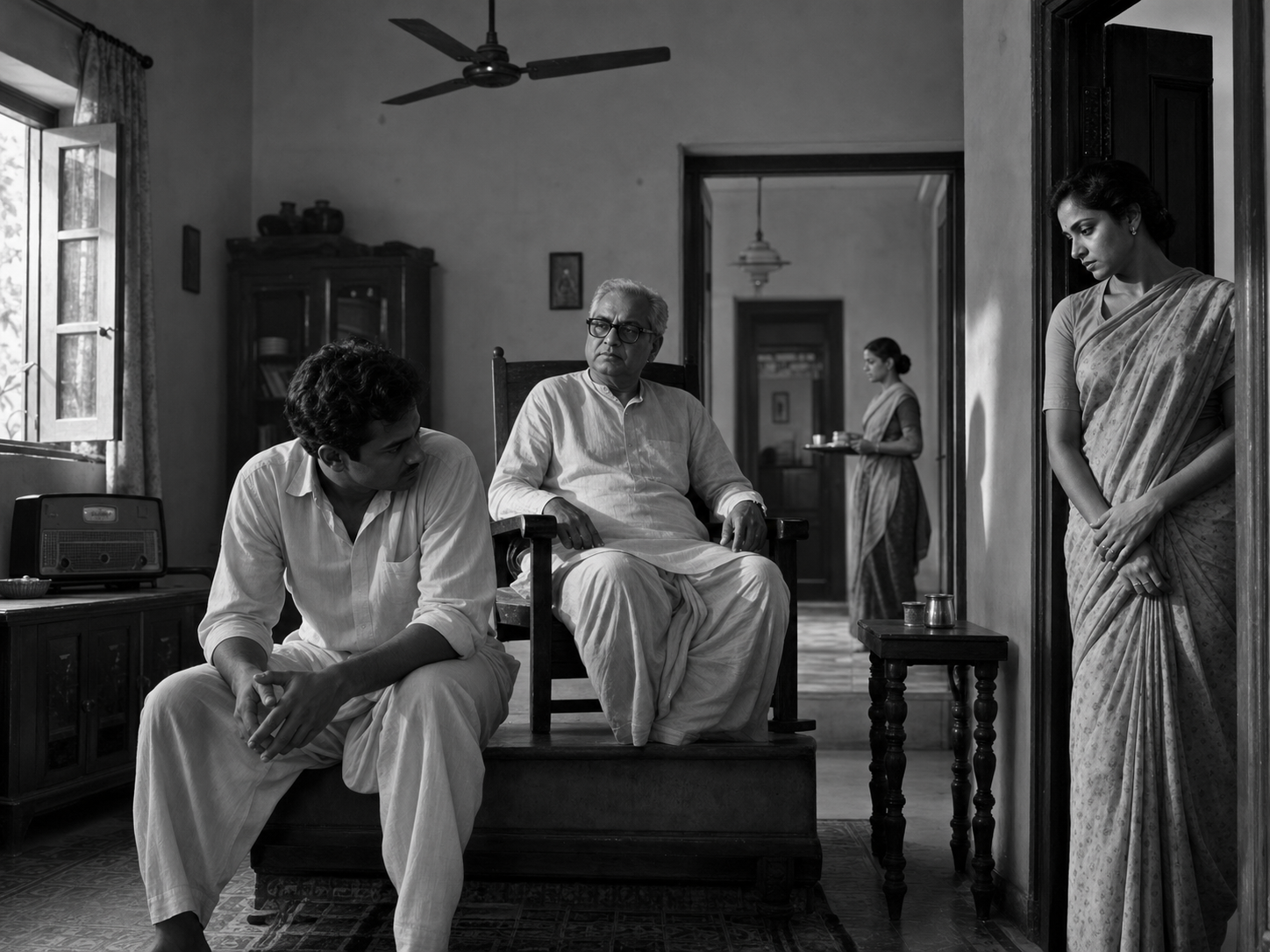 A black-and-white sitting-room scene places an elder in a raised chair while three other people occupy the doorway, foreground, and background.