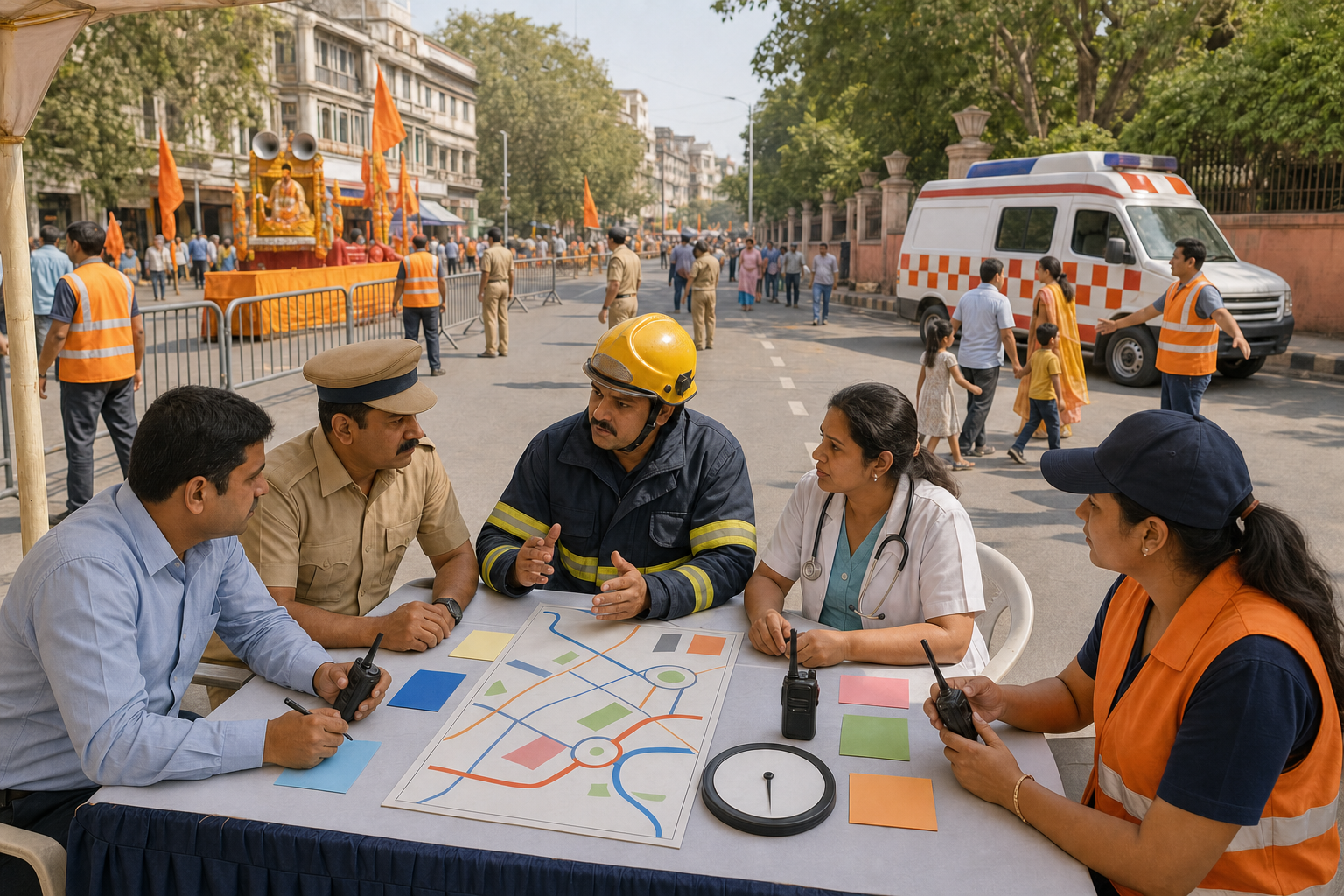 Event coordinators and public-safety officials manage a procession route from a control point while volunteers keep an emergency lane and junction clear.