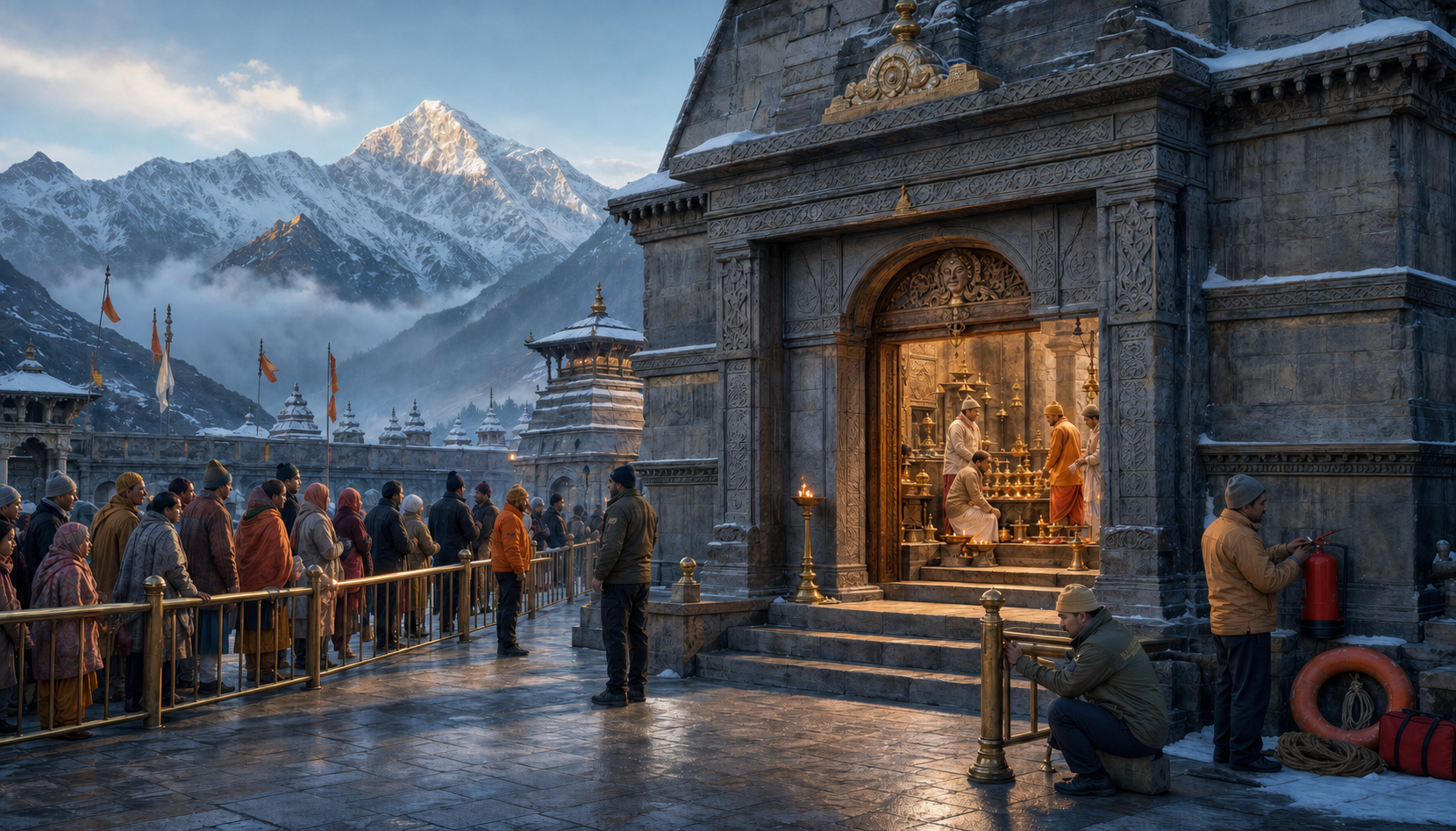 Pilgrims, ritual specialists, and safety stewards occupy distinct areas around the entrance of a Himalayan Hindu shrine at dawn.