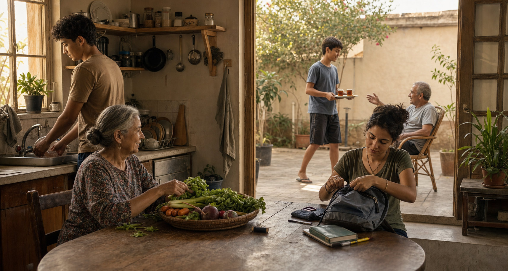 Three generations share household and caregiving tasks in a sunlit kitchen and courtyard.