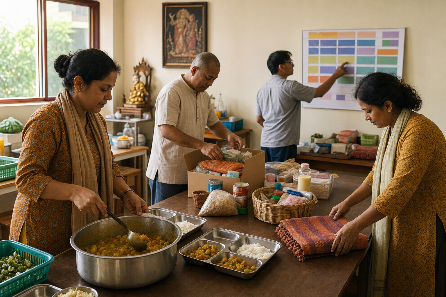 A group of devotees prepares food, care supplies, a folded shawl, and an organized schedule in a modest service room.