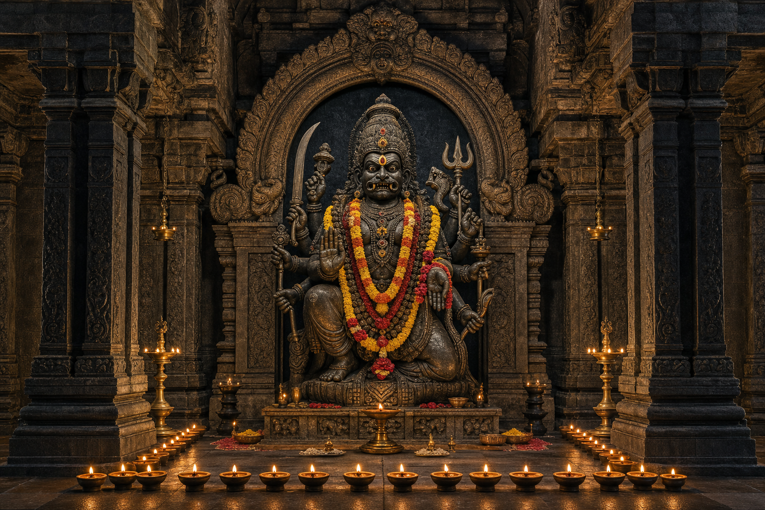 A black-stone fierce deity with ritual weapons and a protective hand gesture stands within a symmetrical, oil-lamp-lit temple shrine.