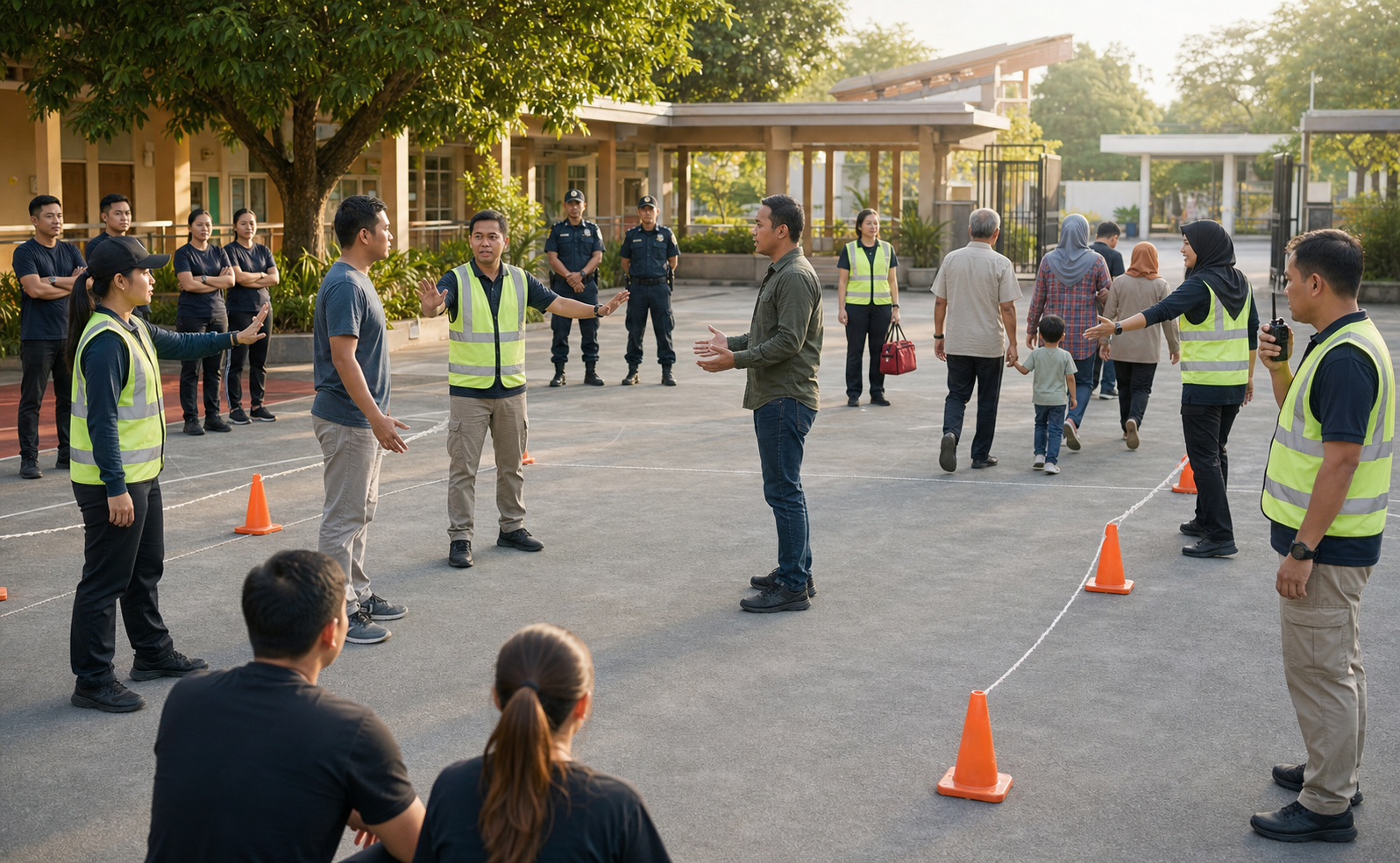 Volunteer marshals rehearse de-escalation, radio communication, crowd separation, and safe evacuation during a supervised training exercise.