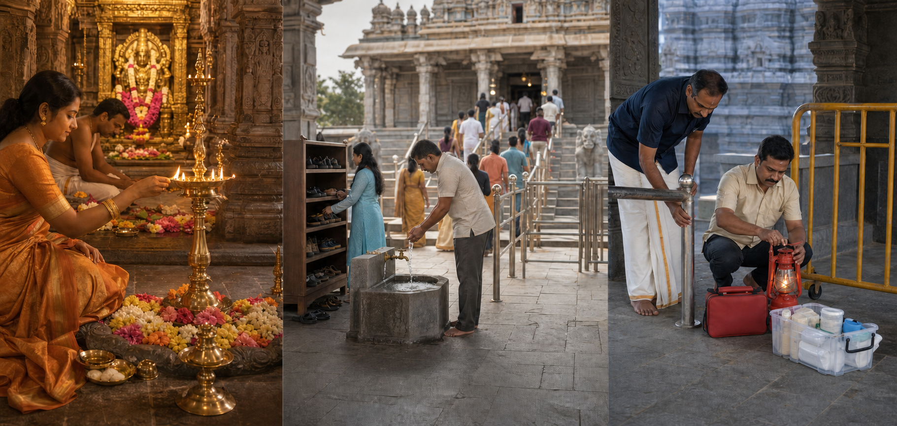 A three-part scene separates lamp and offering rituals, pilgrim access procedures, and temple safety administration.