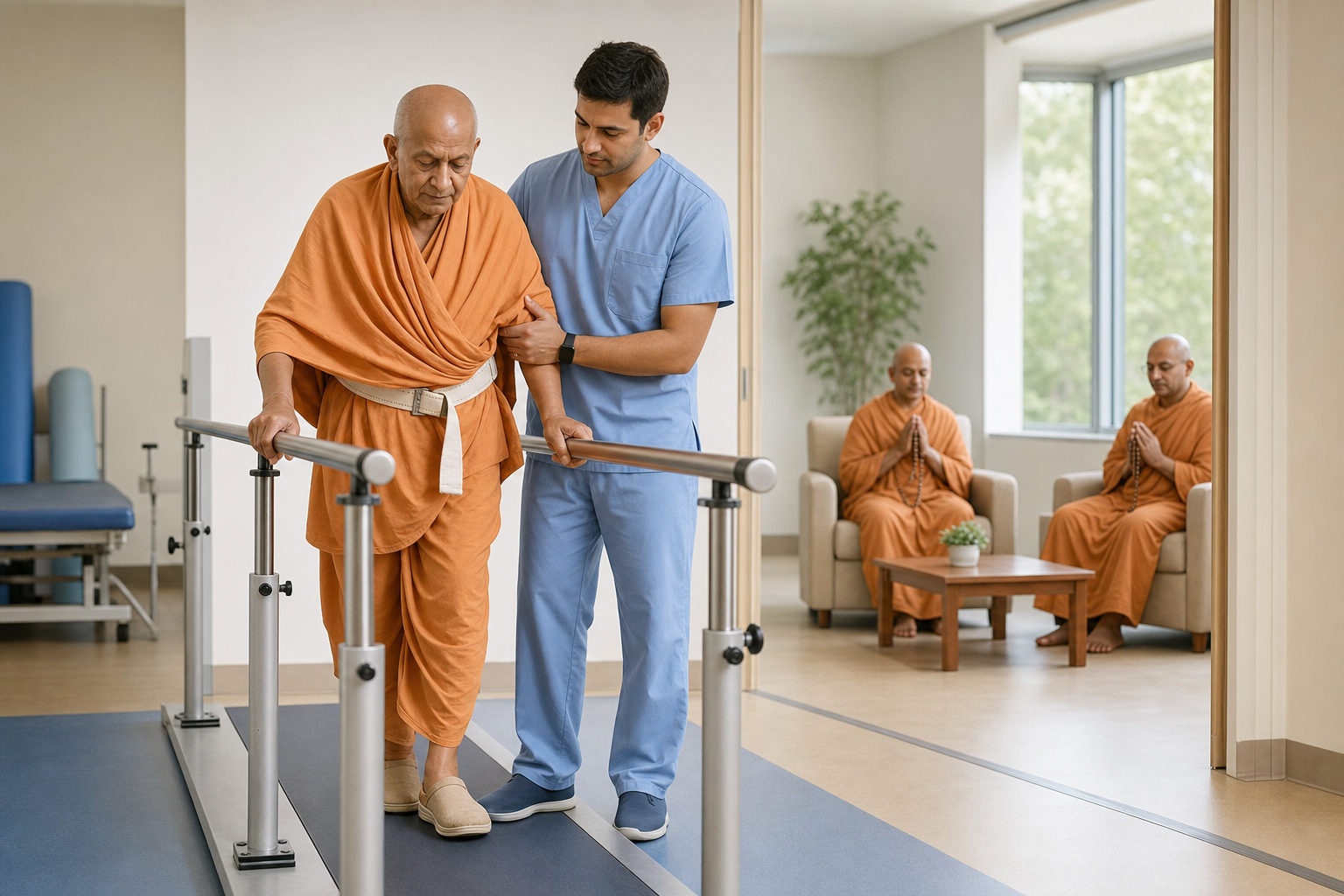 An elderly monastic patient practices walking with a rehabilitation clinician while two devotees pray quietly in a separate seating area.
