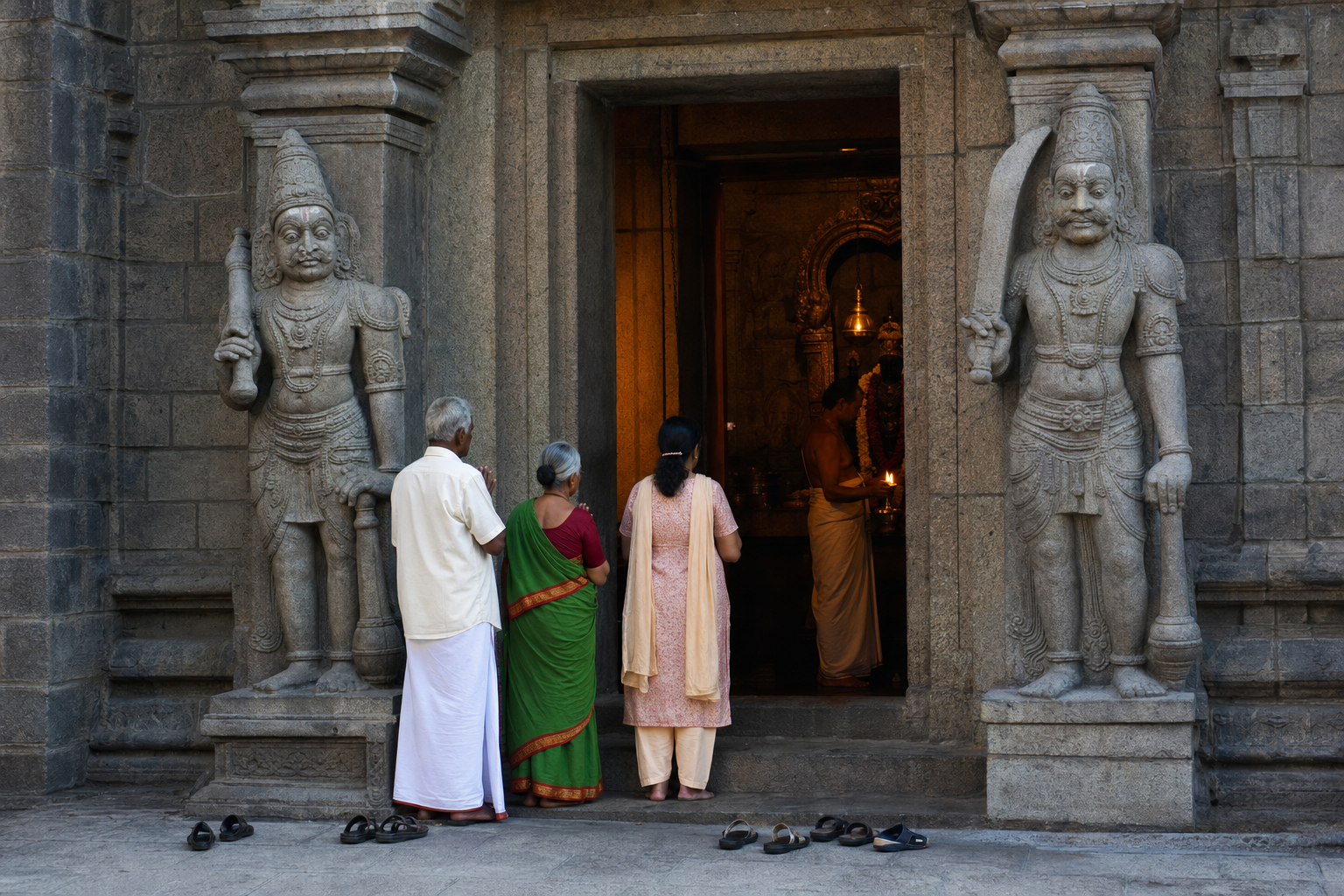 Devotees pause respectfully before passing between two stone guardians at the entrance to a South Indian temple sanctuary.