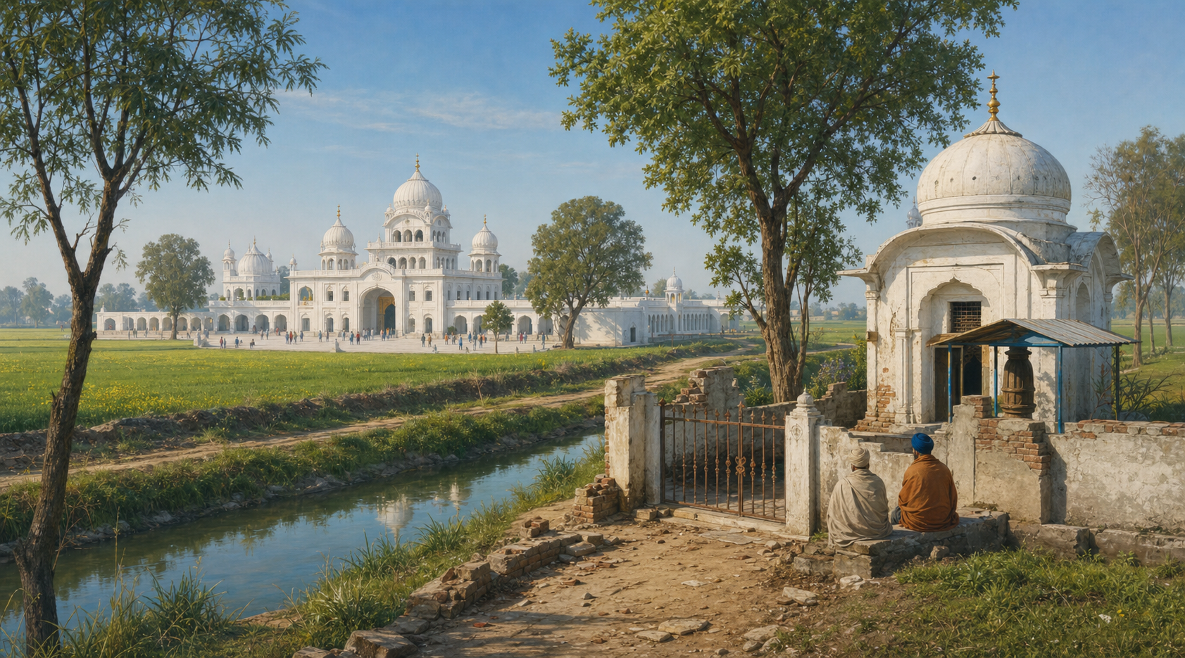 A large white gurdwara complex in the distance contrasts with a small rural shrine reached by a damaged path in the foreground.