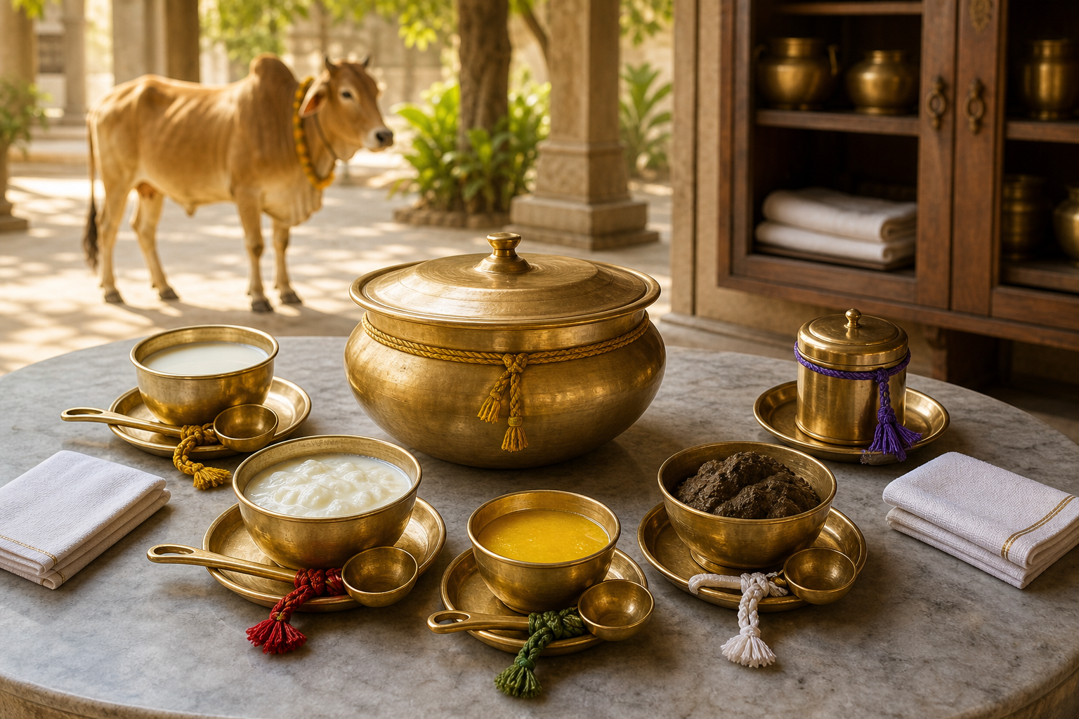 Five Panchgavya ingredients sit in separate clean vessels around a covered mixing bowl in a temple preparation courtyard.