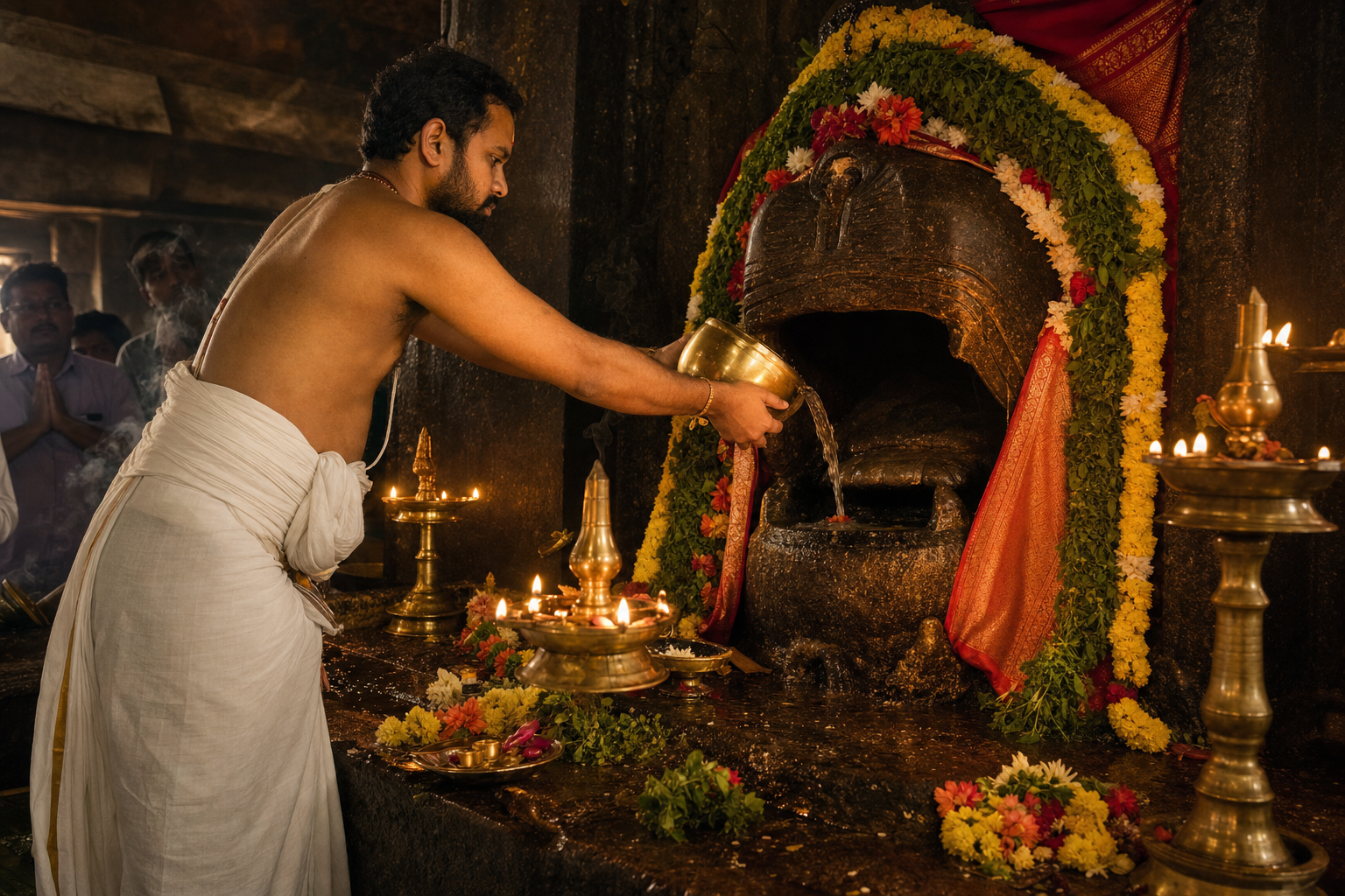 A priest pours jaggery water from a brass vessel toward the sacred mouth in a lamp-lit Mangalagiri hill-temple shrine.