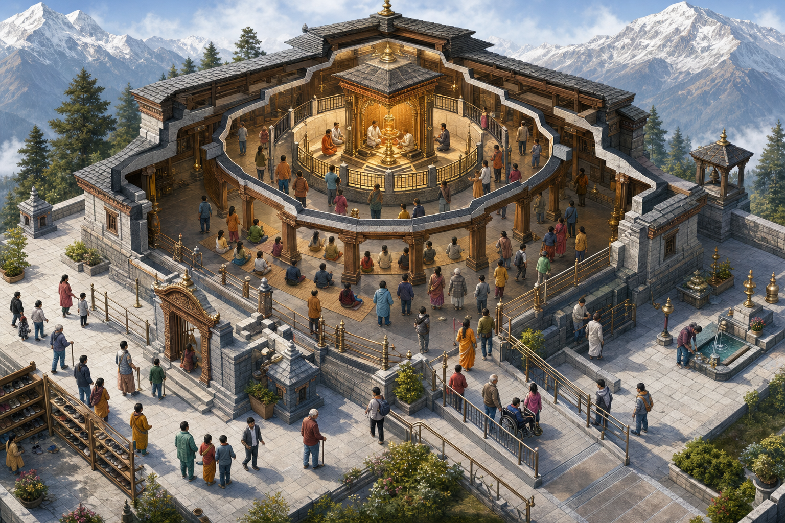 An isometric cutaway of a Hindu shrine shows an inner sanctum, worship hall, pilgrim assembly space, and service courtyard arranged by sacred function.