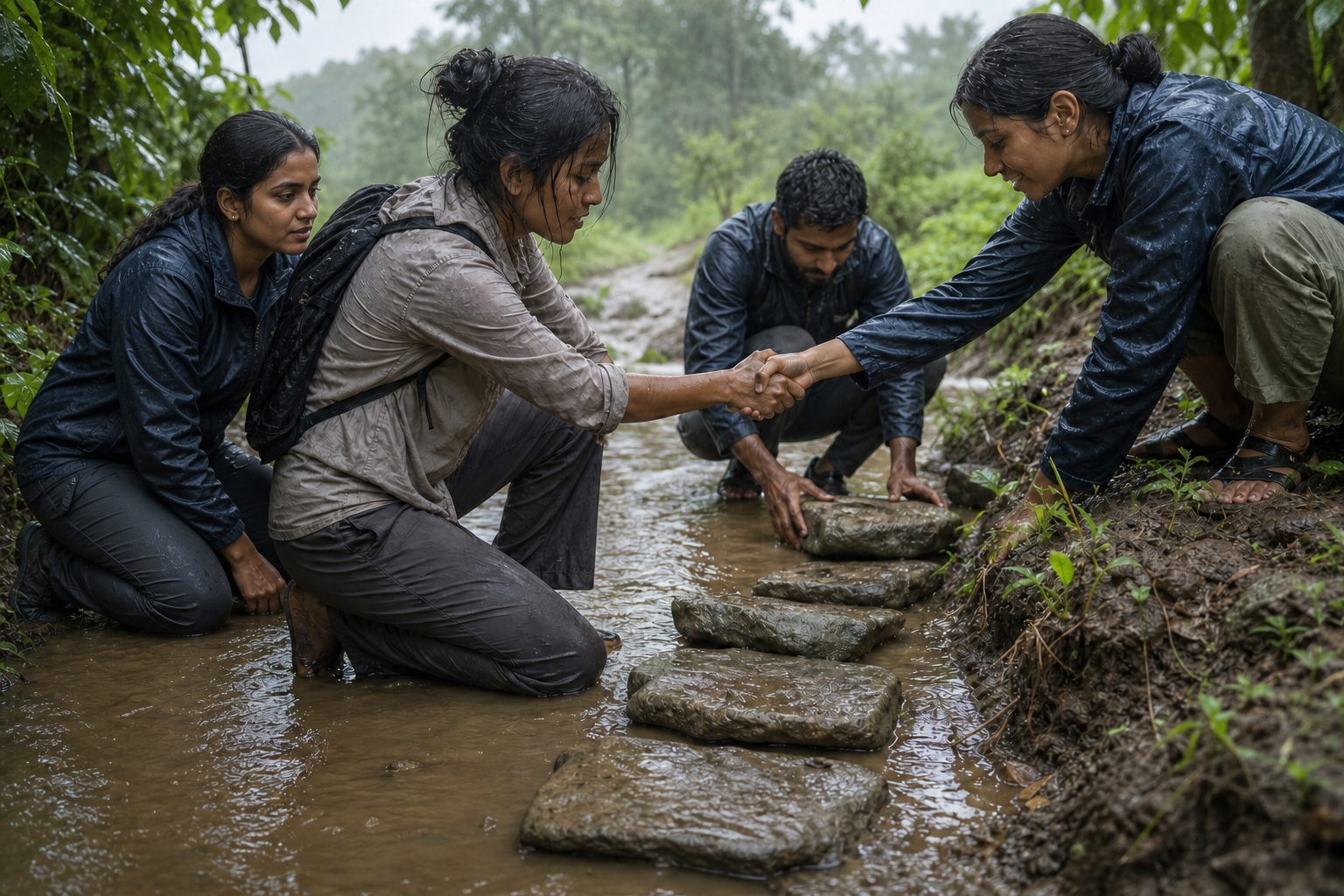 People help a weary traveler cross a muddy, rain-swollen path using stepping stones and an outstretched hand.
