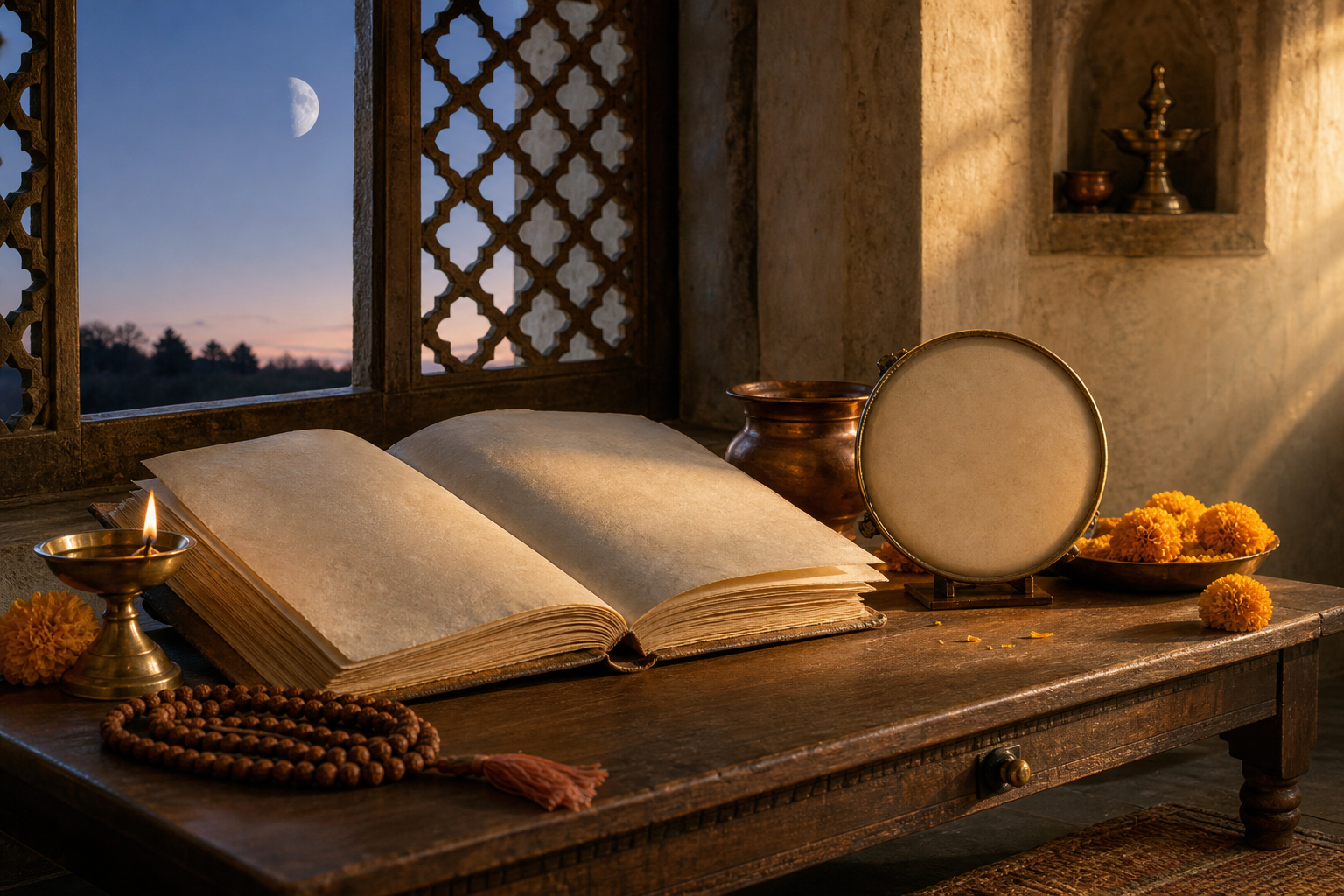 A Hindu almanac, brass oil lamp, prayer beads, copper vessel, and marigolds on a wooden desk at dawn, with a waning moon visible through a window.