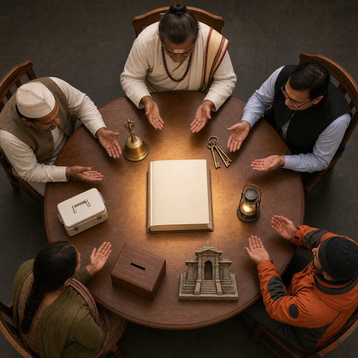 Temple, safety, community, and pilgrim representatives gather around one unmarked rulebook and shared governance objects.